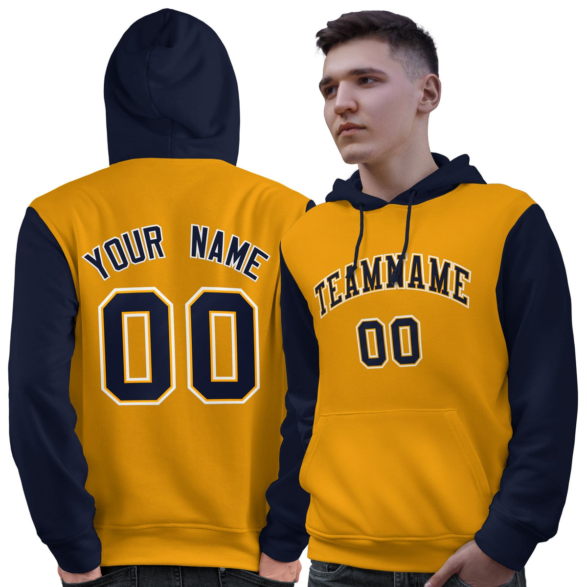 Custom Gold Navy-White Raglan Sleeves Pullover Personalized Sweatshirt Hoodie| KXKSHOP