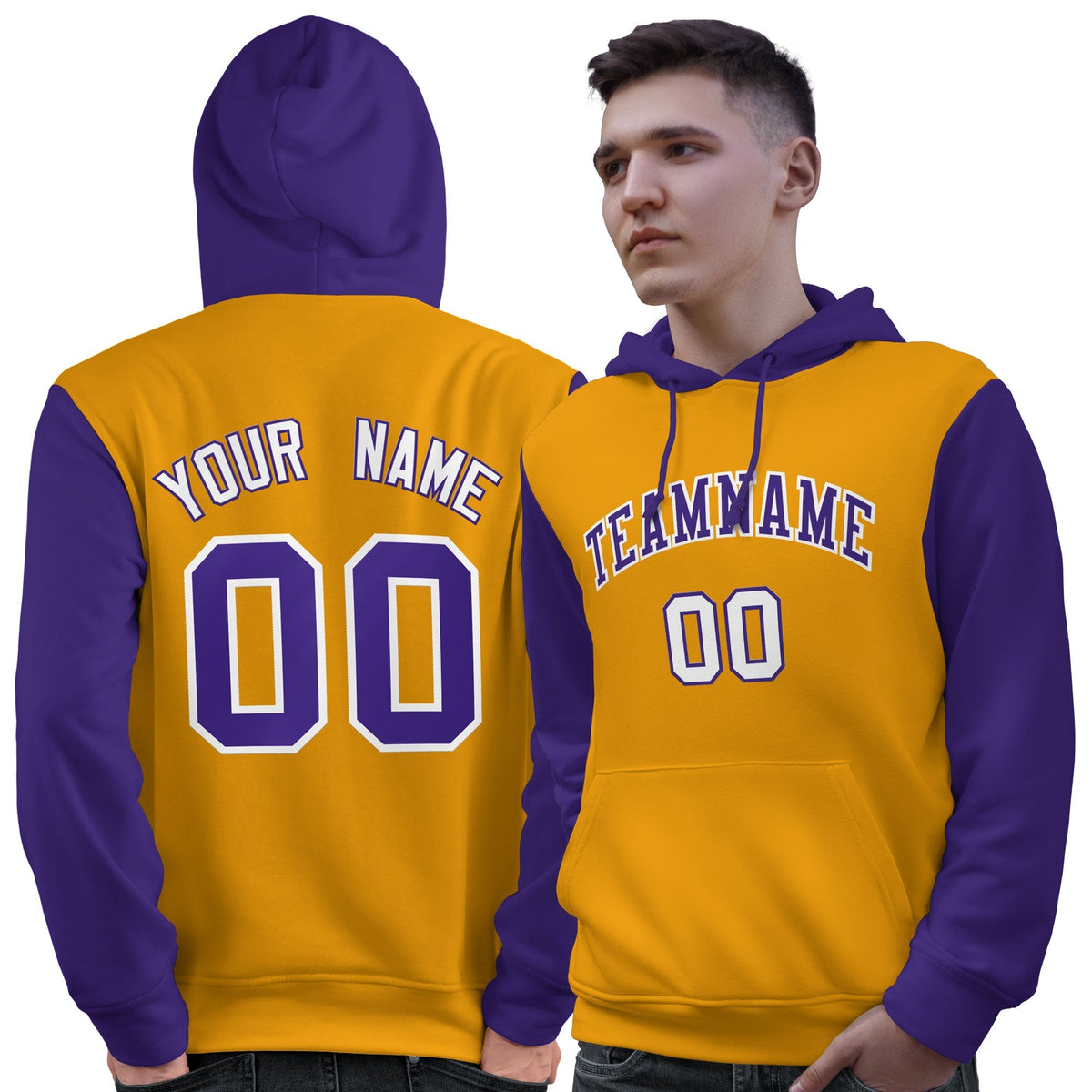 Custom Gold Purple-White Raglan Sleeves Pullover Personalized Sweatshirt Hoodie| KXKSHOP