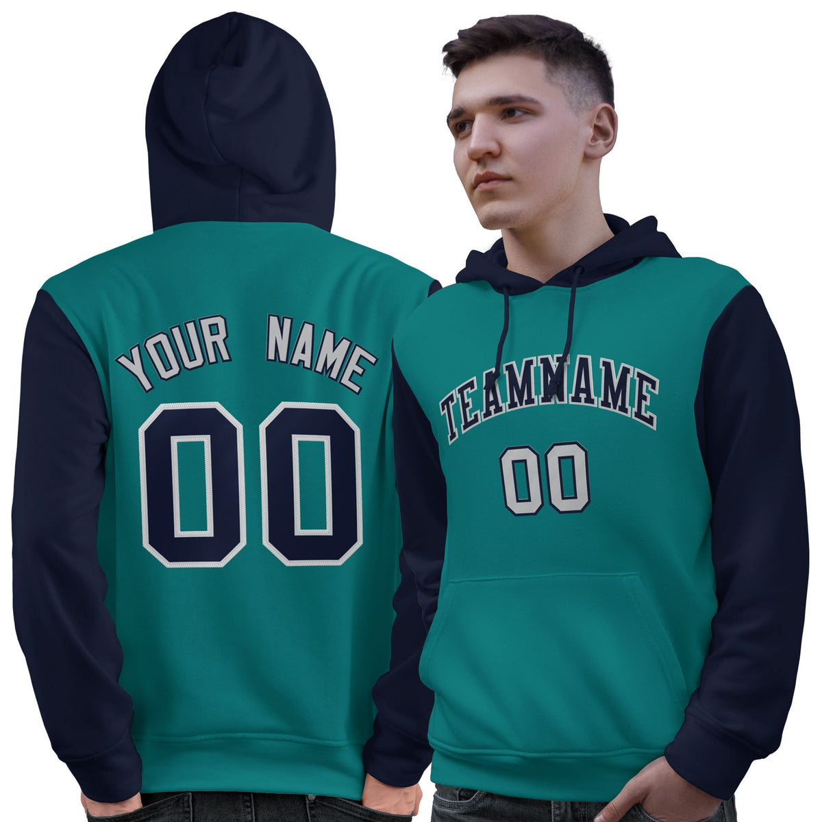 Custom Aqua Navy-Gray Raglan Sleeves Pullover Personalized Sweatshirt Hoodie| KXKSHOP