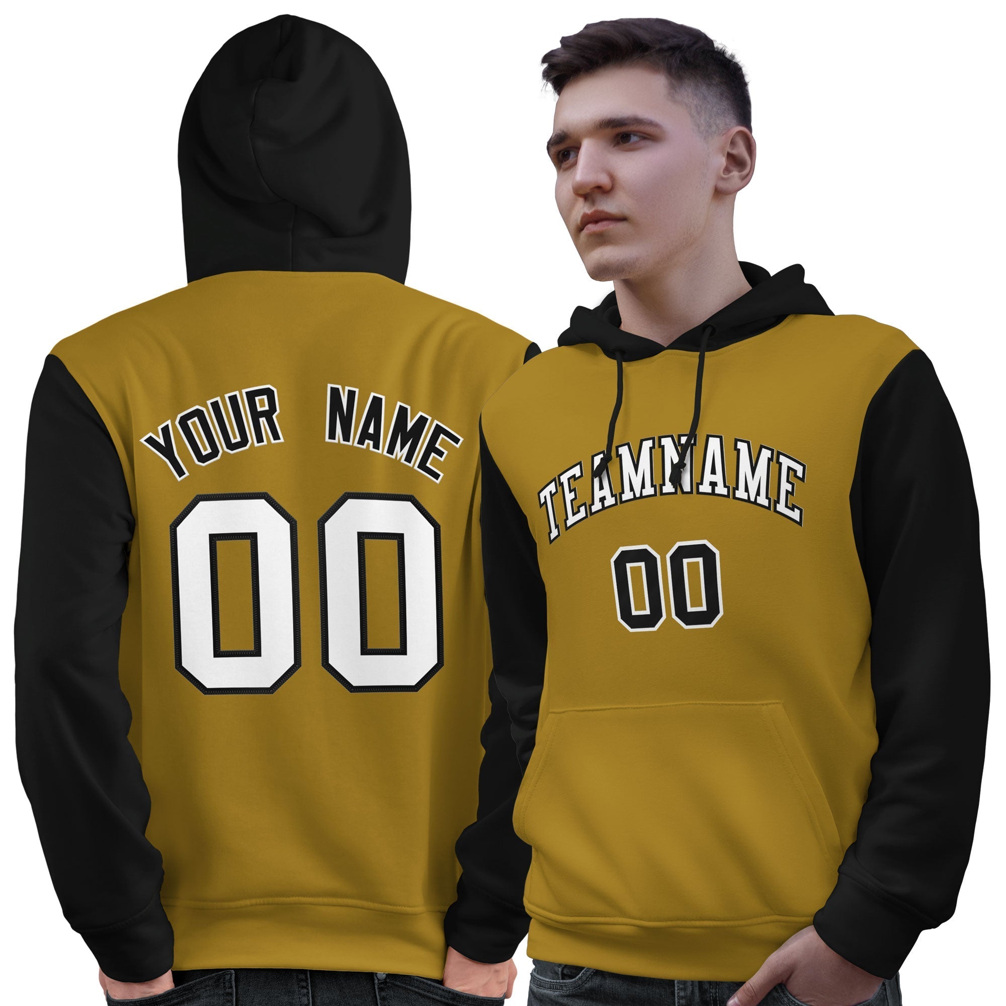 Custom Old Gold White-Black Raglan Sleeves Pullover Personalized Sweatshirt Hoodie| KXKSHOP