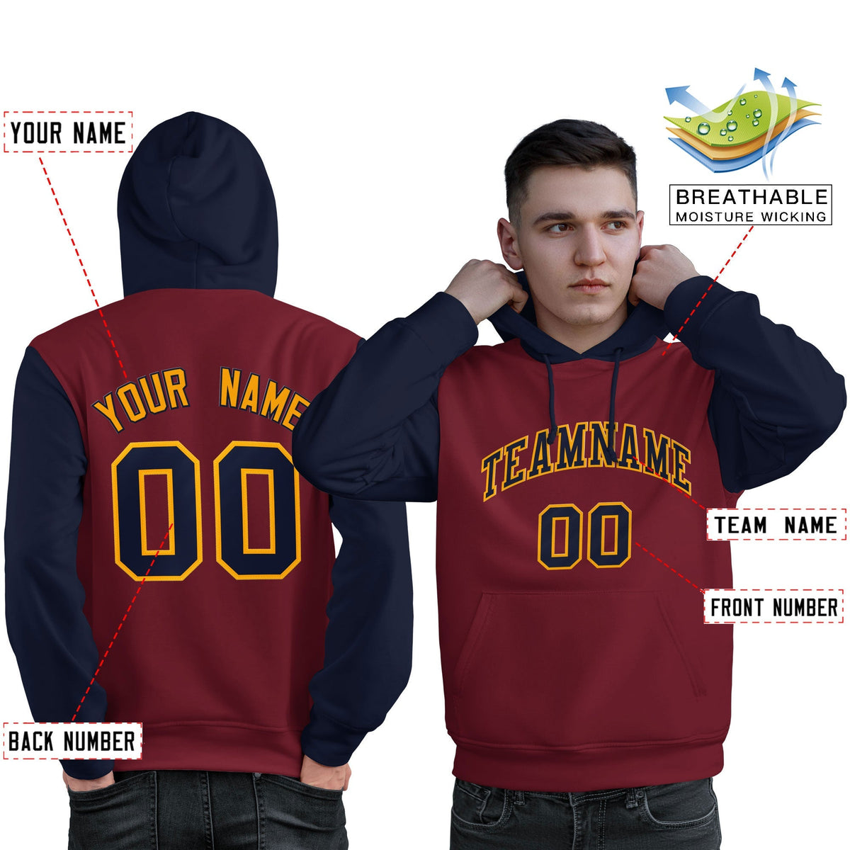 Custom Crimson Navy-Gold Raglan Sleeves Pullover Personalized Sweatshirt Hoodie| KXKSHOP
