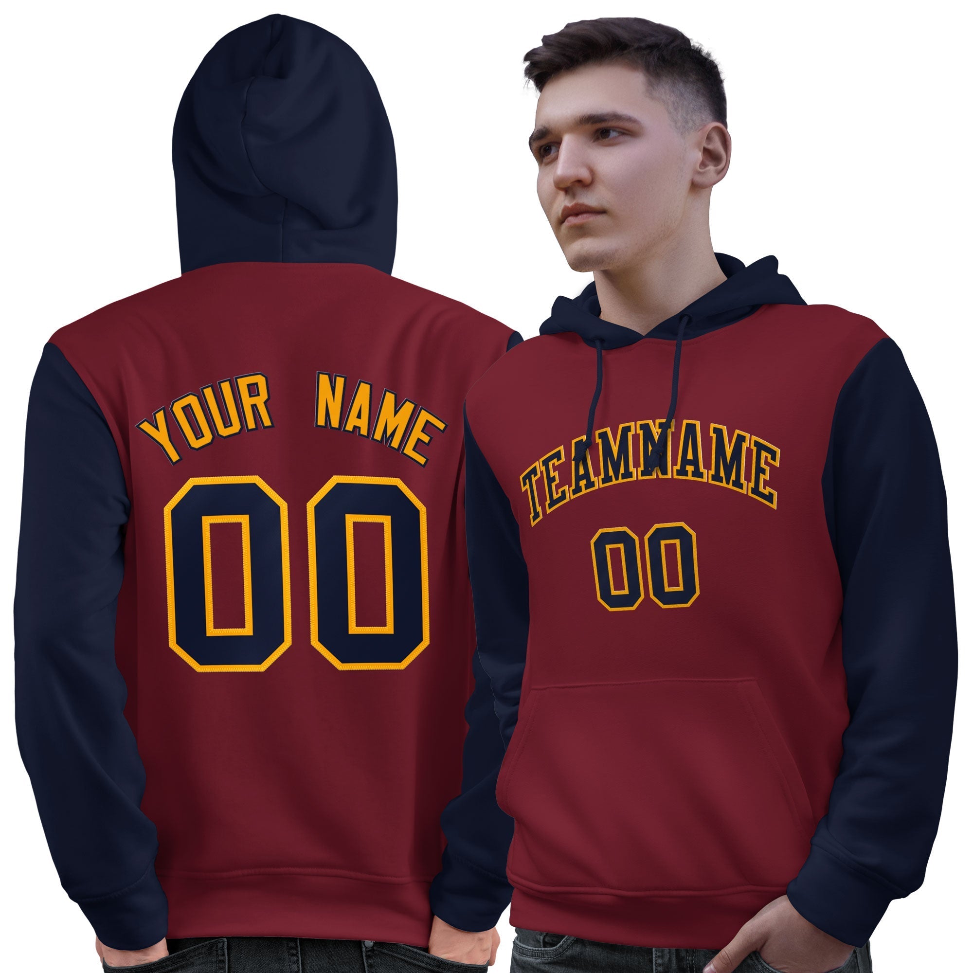 Custom Crimson Navy-Gold Raglan Sleeves Pullover Personalized Sweatshirt Hoodie| KXKSHOP