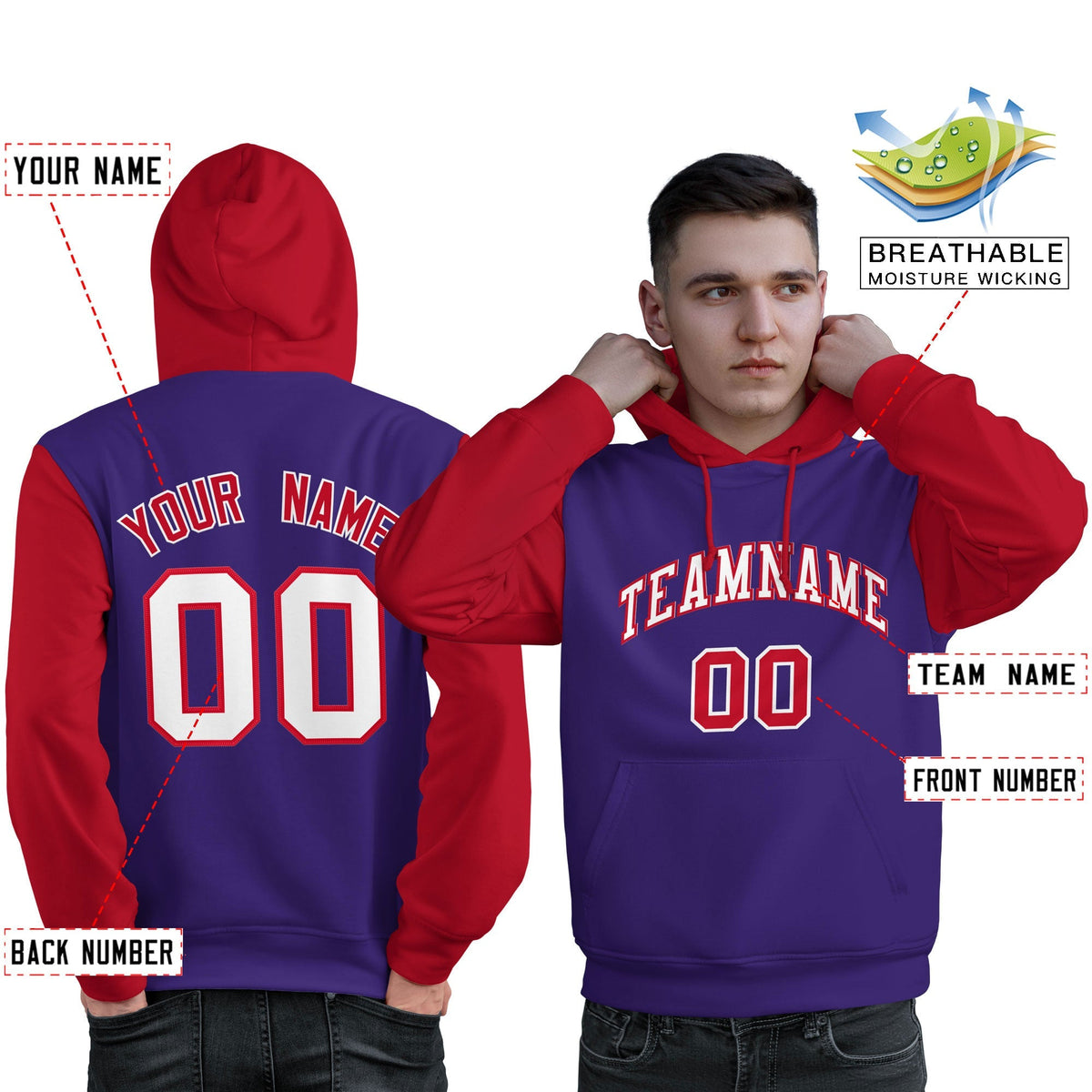 Custom Purple White-Red Raglan Sleeves Pullover Personalized Sweatshirt Hoodie| KXKSHOP