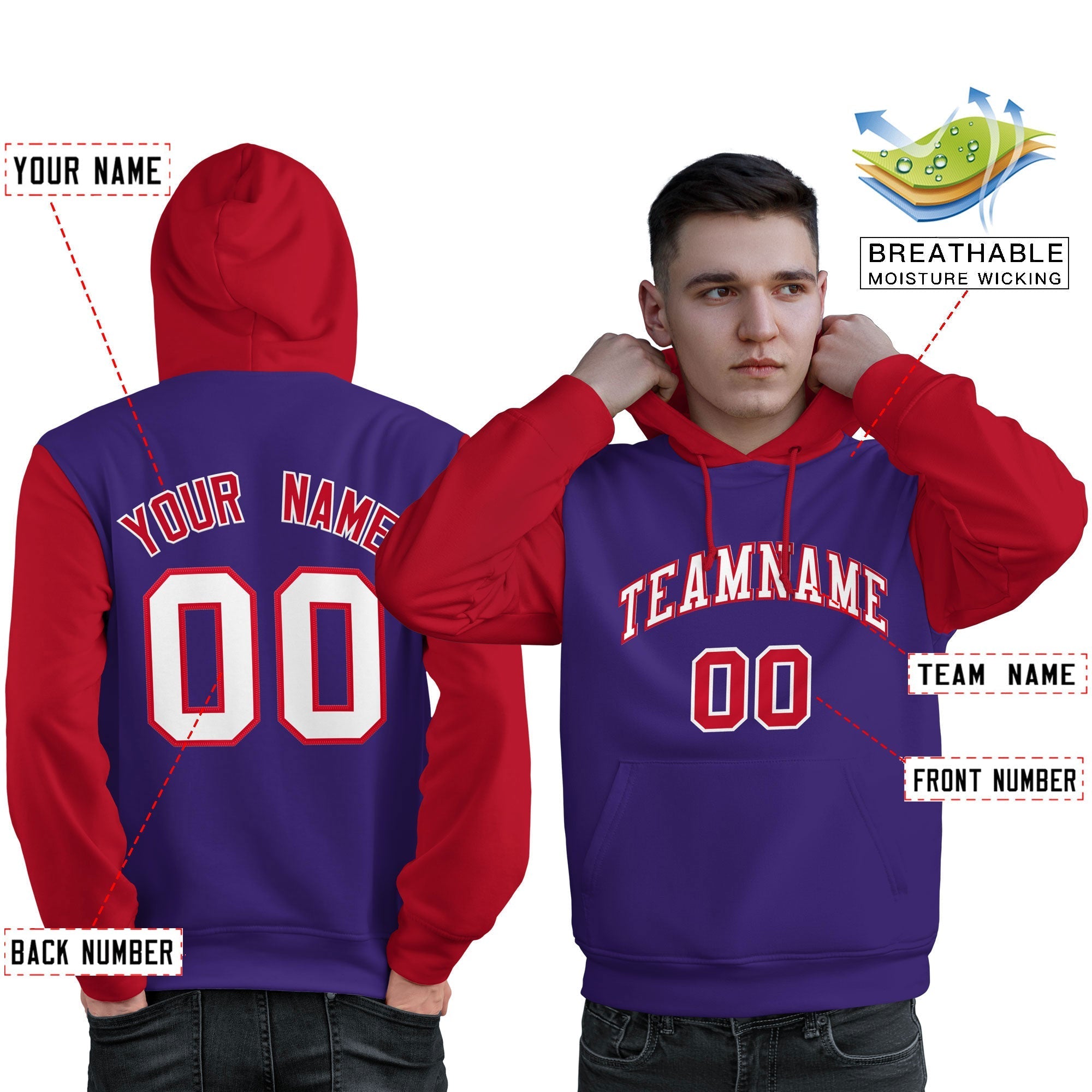 Custom Purple White-Red Raglan Sleeves Pullover Personalized Sweatshirt Hoodie| KXKSHOP