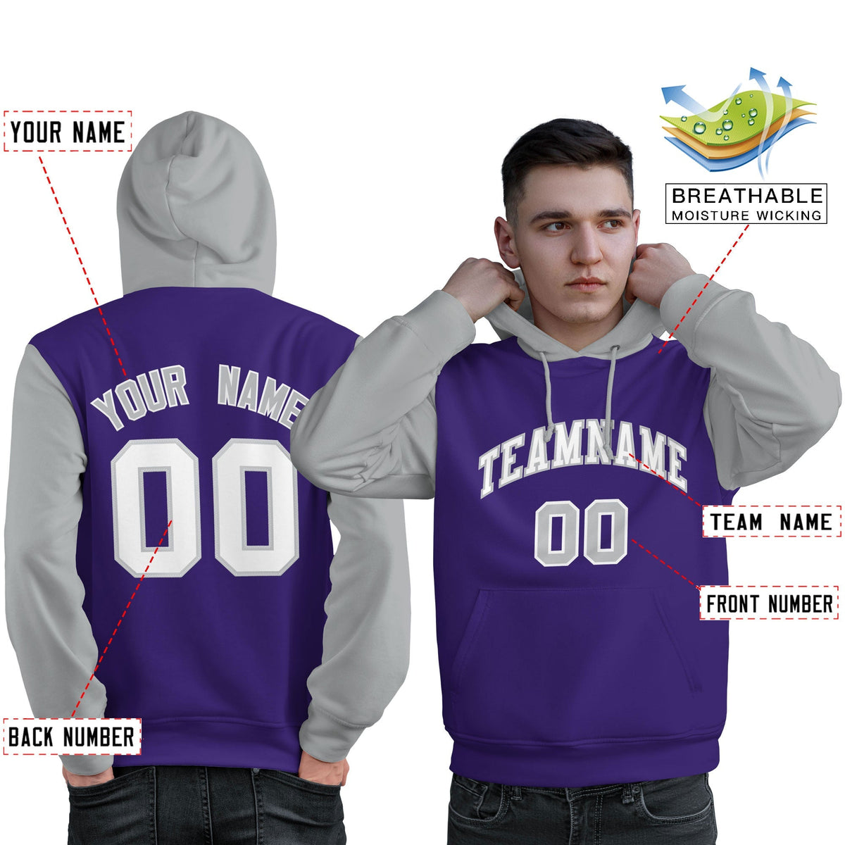 Custom Purple White-Gray Raglan Sleeves Pullover Personalized Sweatshirt Hoodie| KXKSHOP