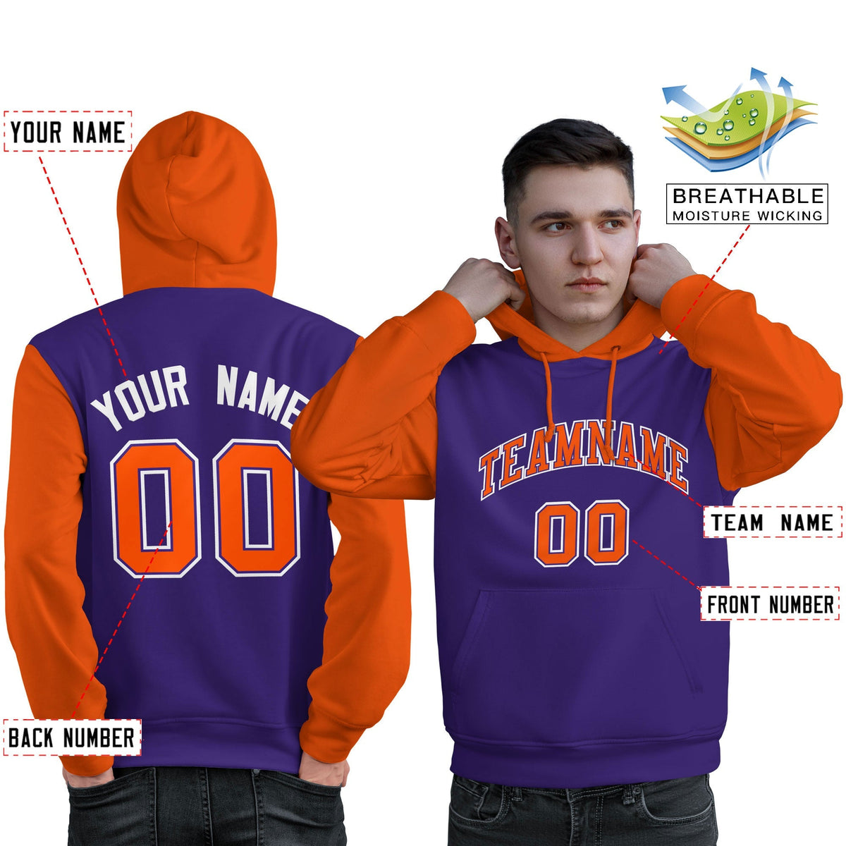 Custom Purple Orange-White Raglan Sleeves Pullover Personalized Sweatshirt Hoodie| KXKSHOP