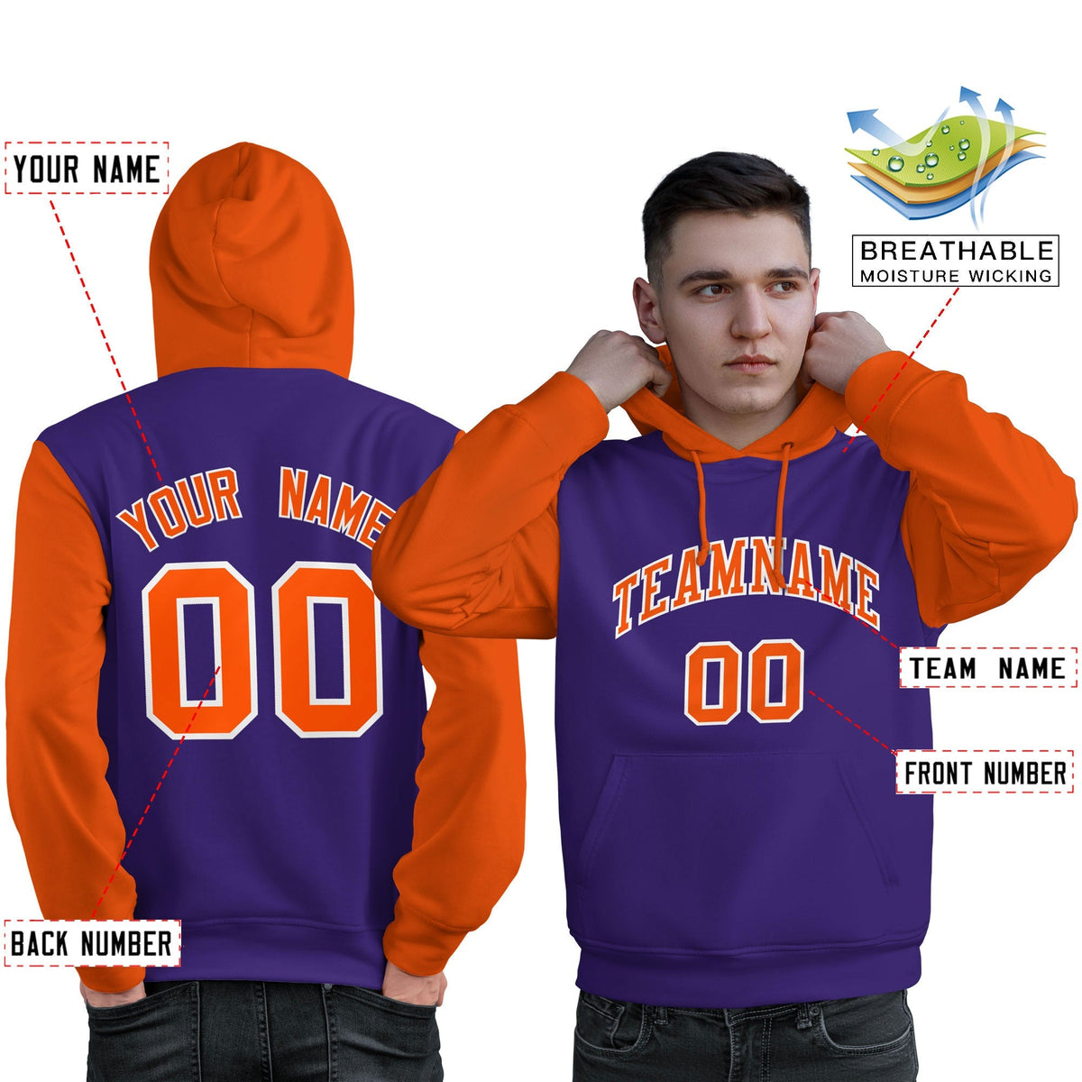 Custom Purple Orange-White Raglan Sleeves Pullover Personalized Sweatshirt Hoodie| KXKSHOP