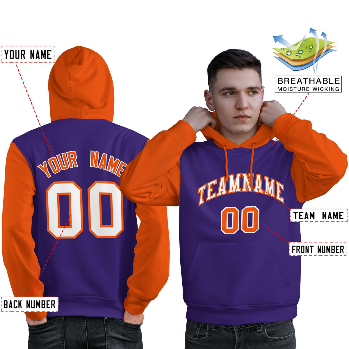 Custom Purple White-Orange Raglan Sleeves Pullover Personalized Sweatshirt Hoodie| KXKSHOP