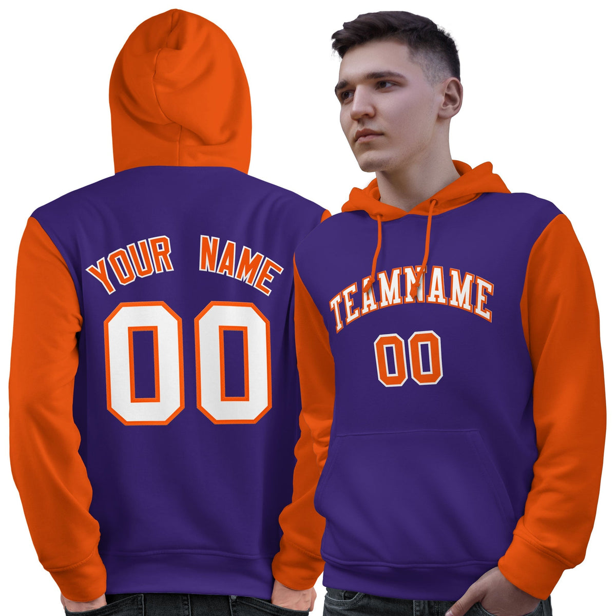 Custom Purple White-Orange Raglan Sleeves Pullover Personalized Sweatshirt Hoodie| KXKSHOP
