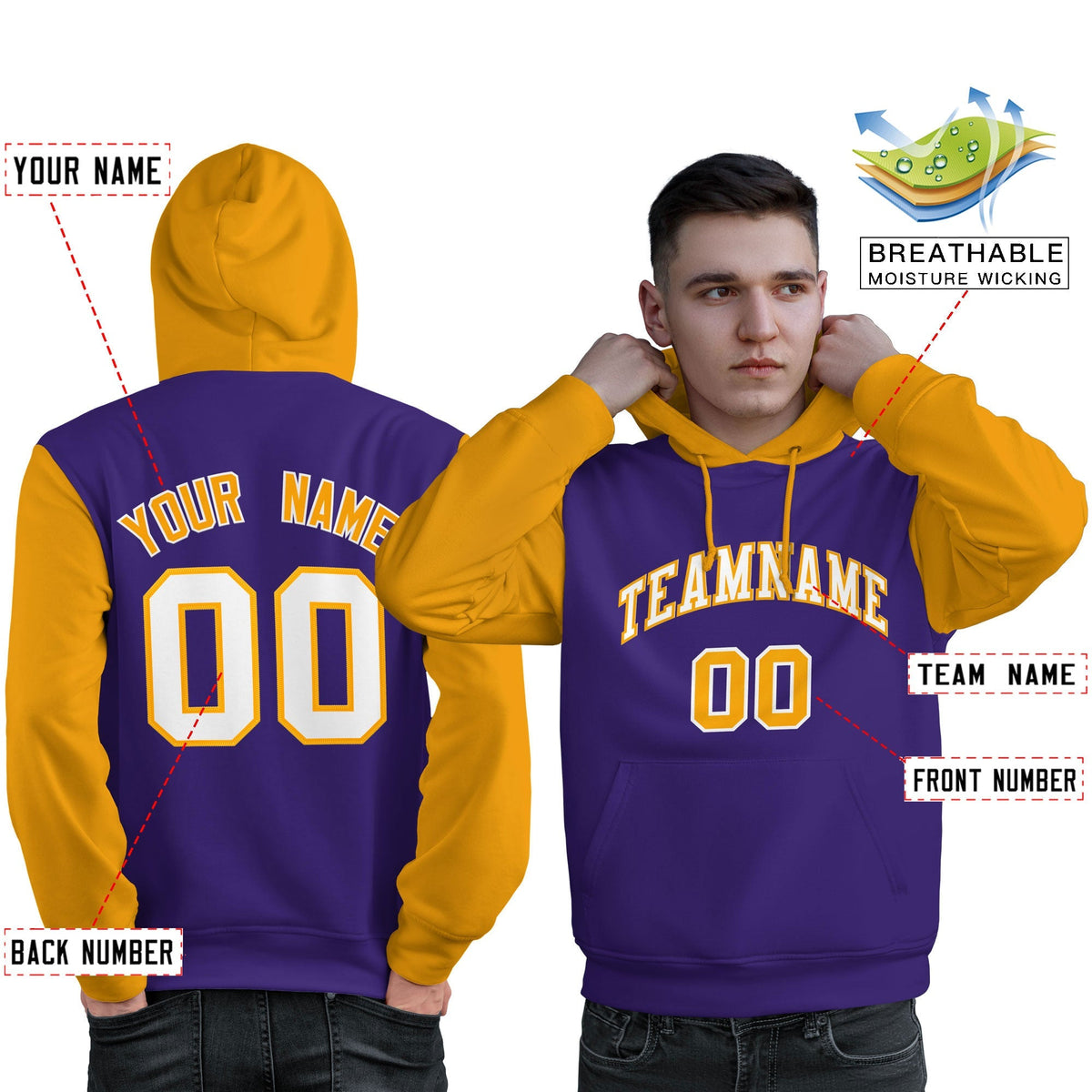 Custom Purple White-Gold Raglan Sleeves Pullover Personalized Sweatshirt Hoodie| KXKSHOP