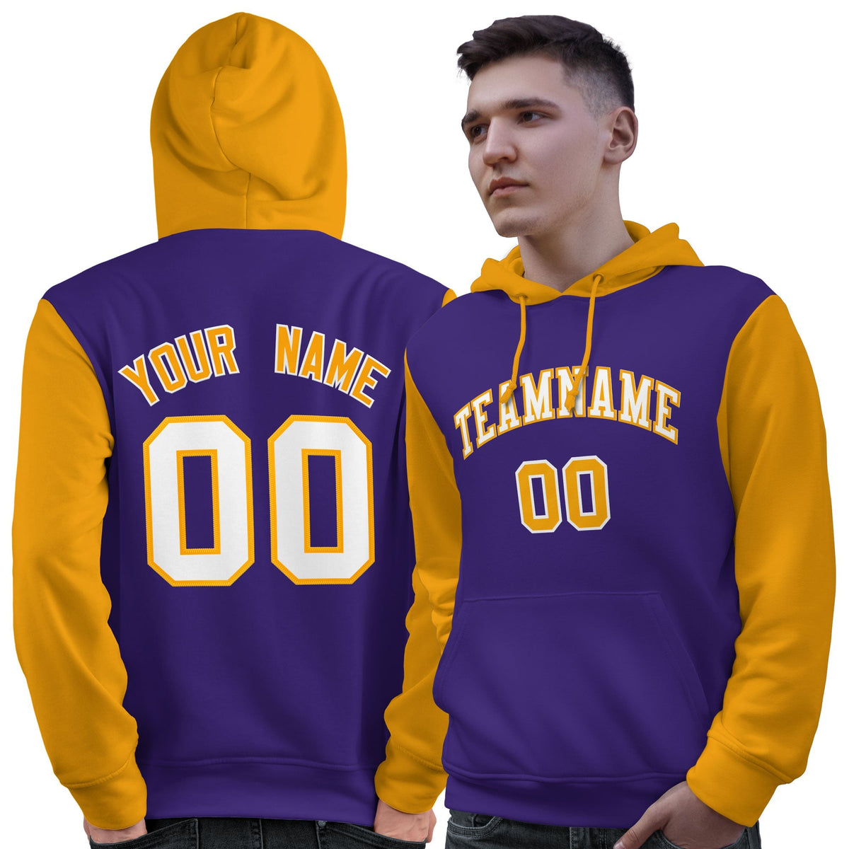 Custom Purple White-Gold Raglan Sleeves Pullover Personalized Sweatshirt Hoodie| KXKSHOP