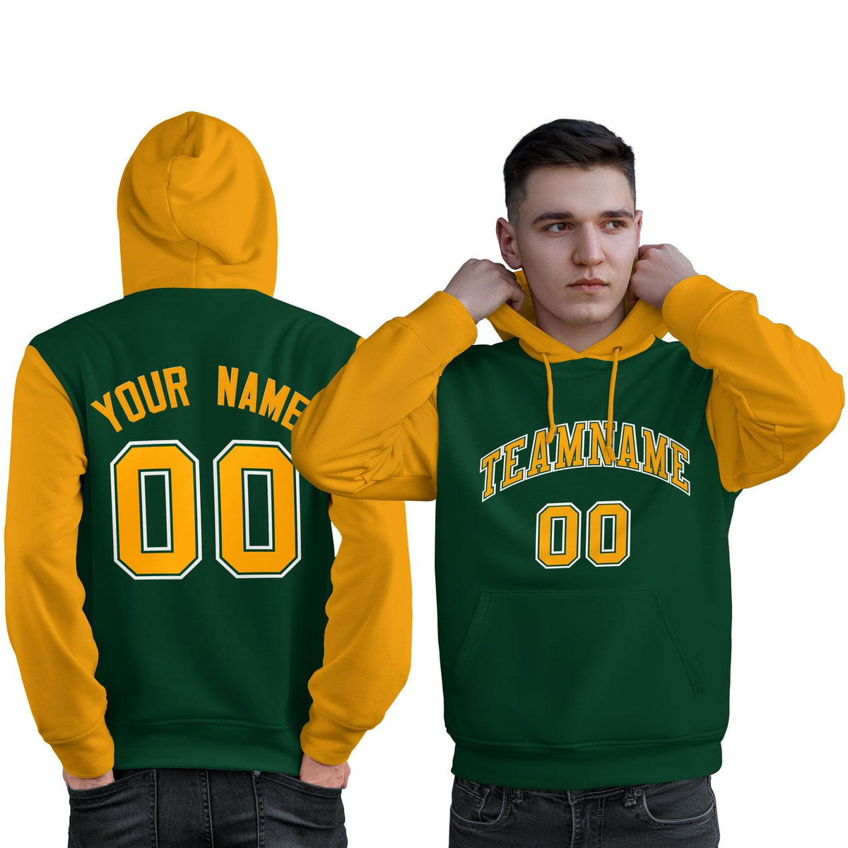 Custom Green Gold-White Raglan Sleeves Pullover Personalized Sweatshirt Hoodie| KXKSHOP