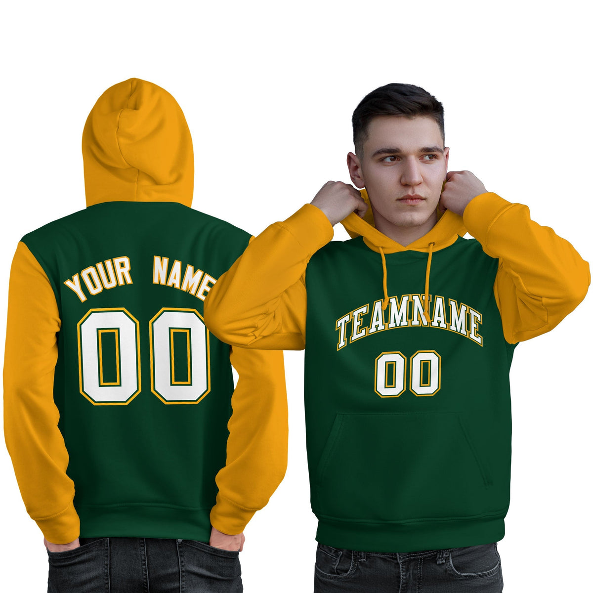 Custom Green White-Gold Raglan Sleeves Pullover Personalized Sweatshirt Hoodie| KXKSHOP