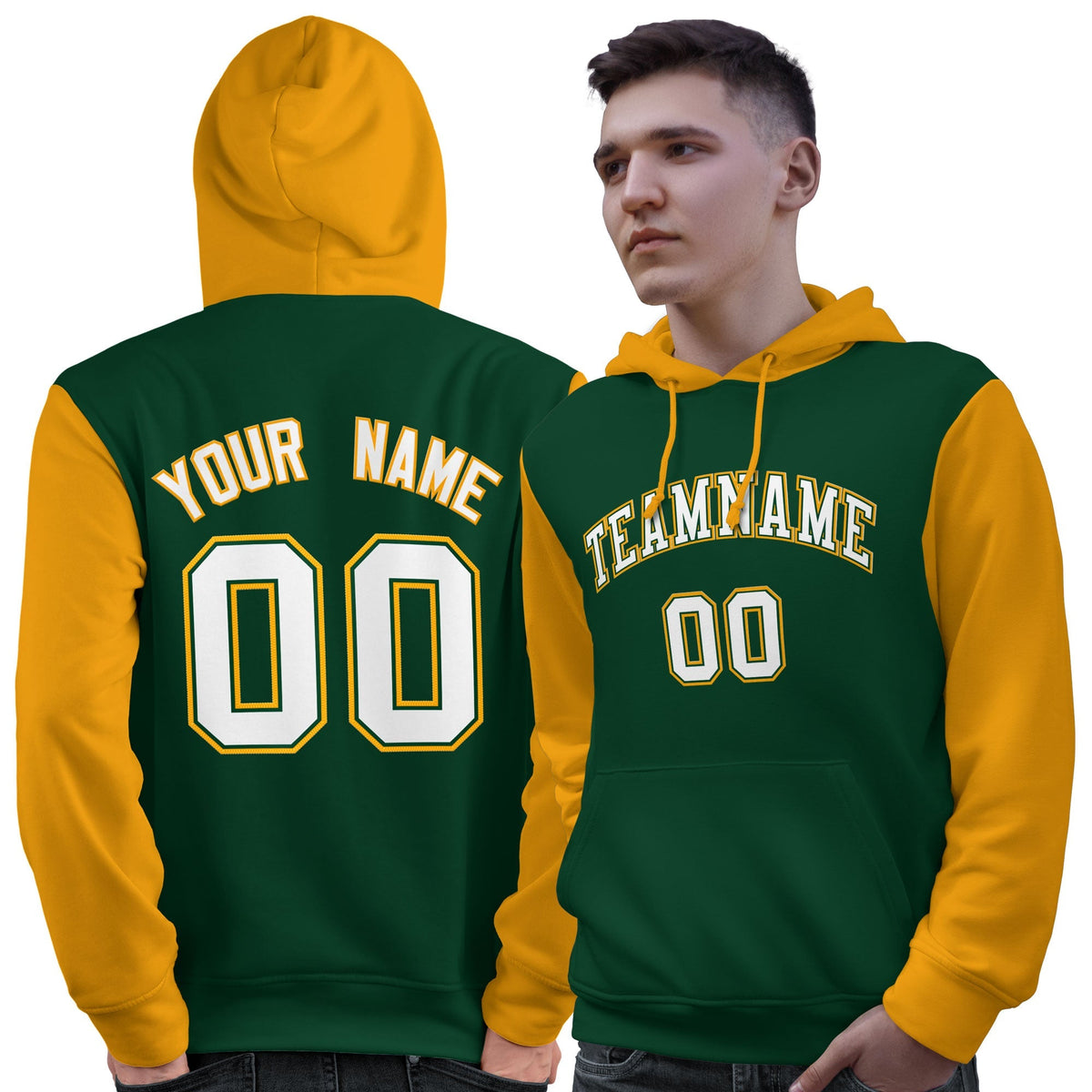 Custom Green White-Gold Raglan Sleeves Pullover Personalized Sweatshirt Hoodie| KXKSHOP