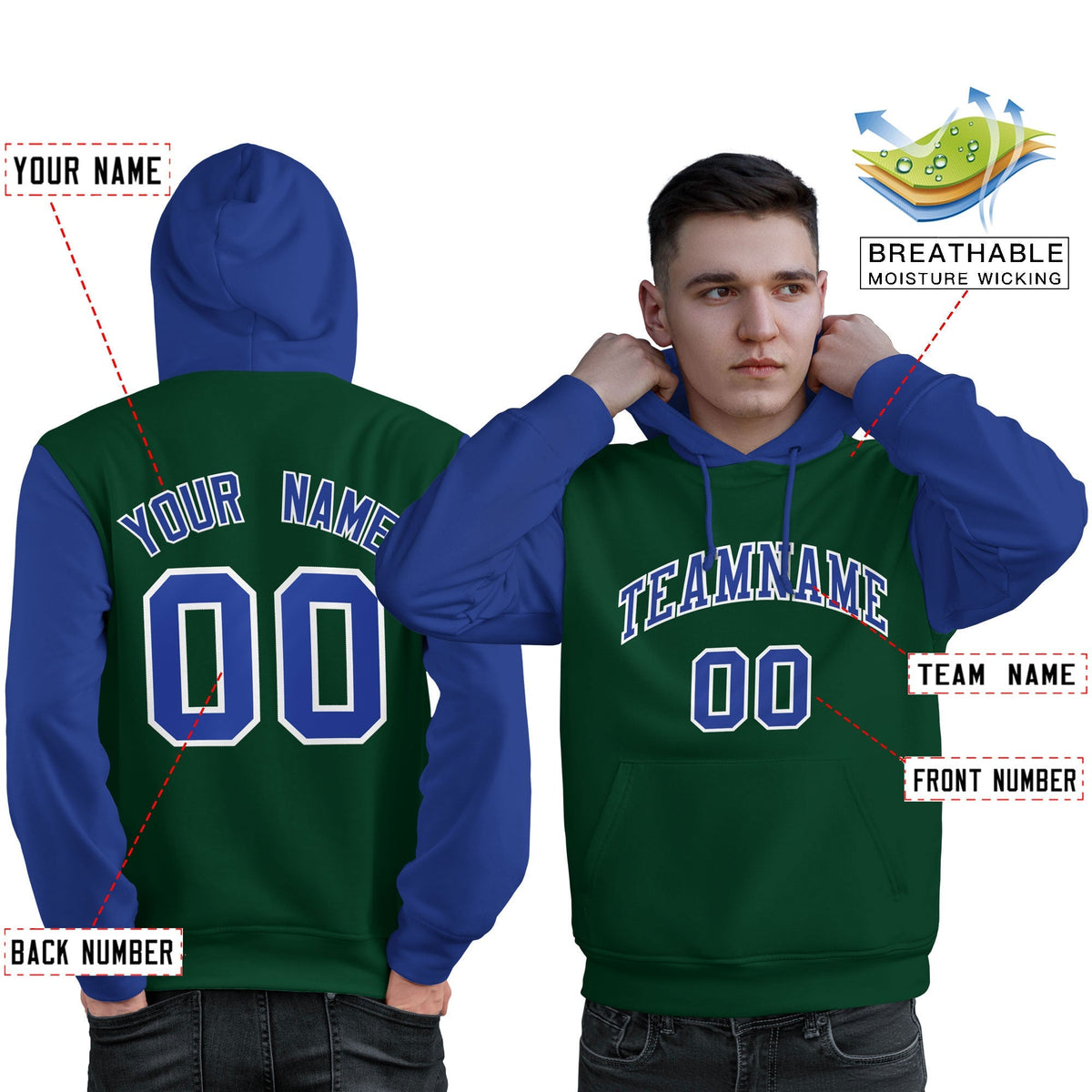 Custom Green Royal-White Raglan Sleeves Pullover Personalized Sweatshirt Hoodie| KXKSHOP