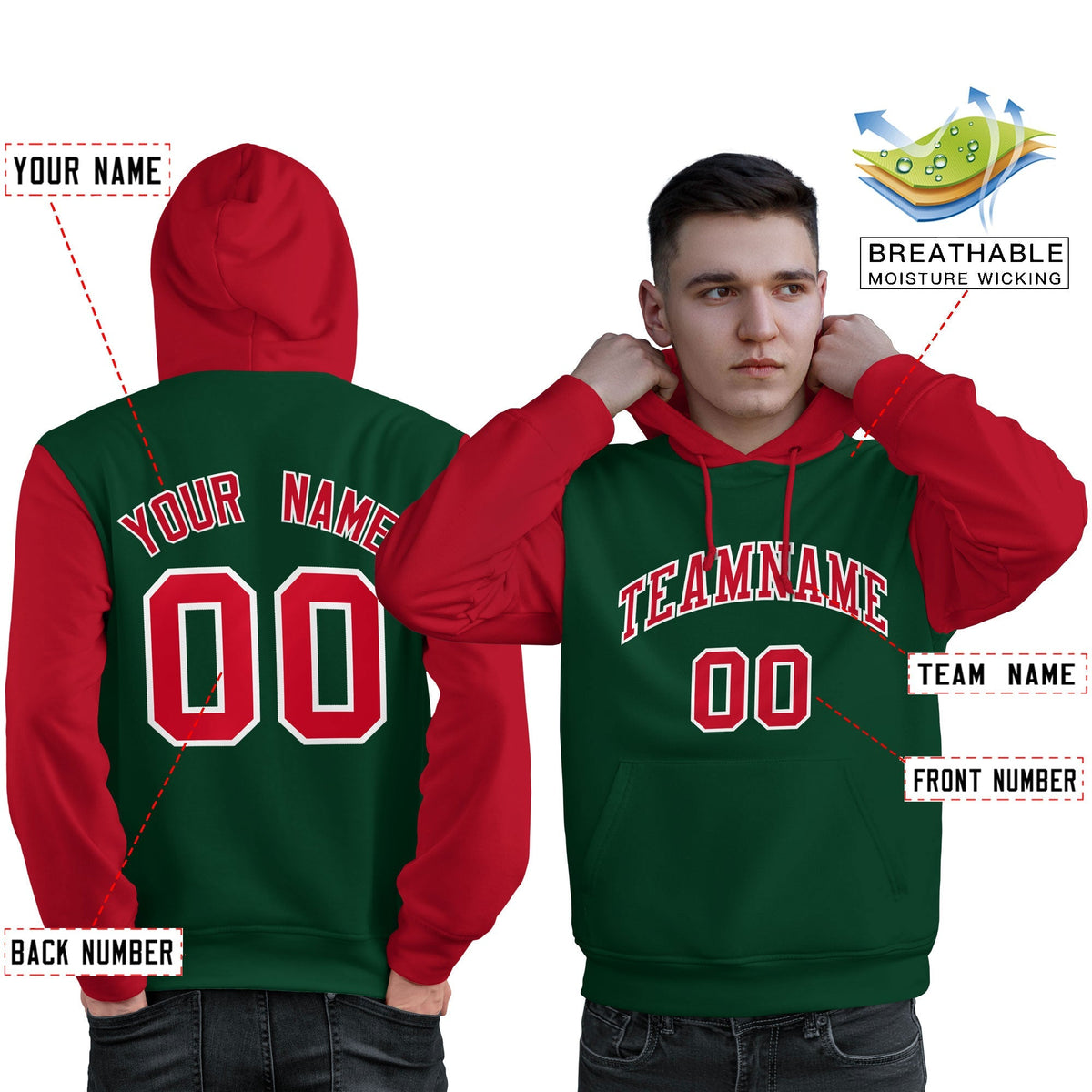 Custom Green Red-White Raglan Sleeves Pullover Personalized Sweatshirt Hoodie| KXKSHOP