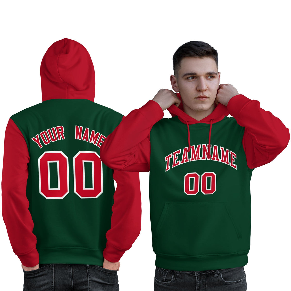 Custom Green Red-White Raglan Sleeves Pullover Personalized Sweatshirt Hoodie| KXKSHOP