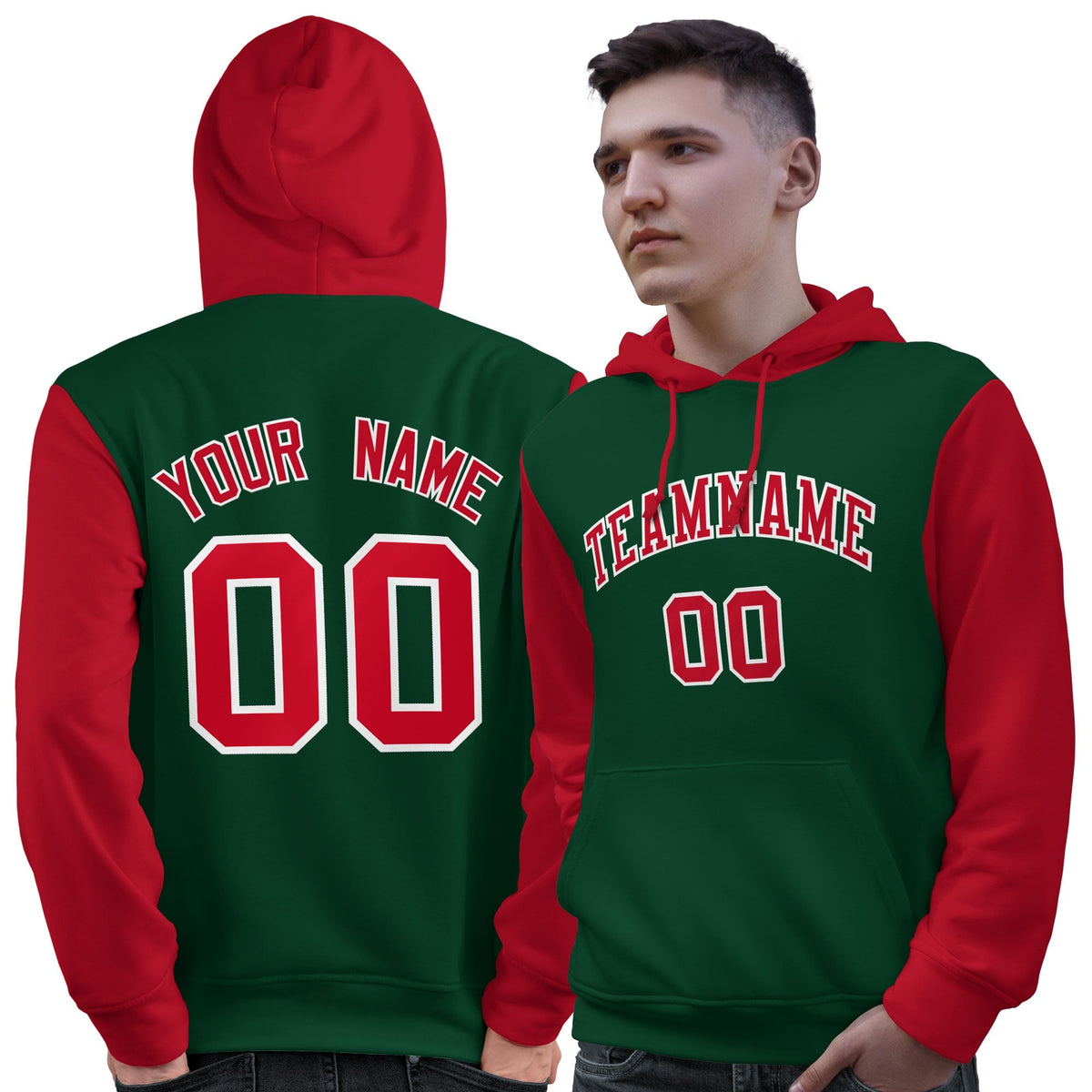 Custom Green Red-White Raglan Sleeves Pullover Personalized Sweatshirt Hoodie| KXKSHOP