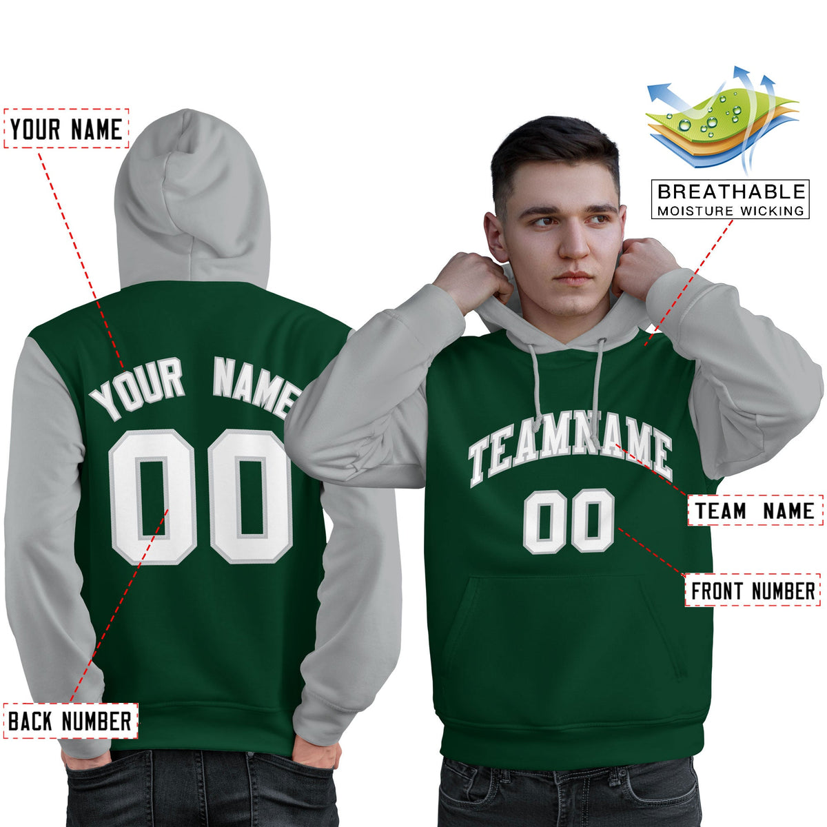 Custom Green White-Gray Raglan Sleeves Pullover Personalized Sweatshirt Hoodie| KXKSHOP