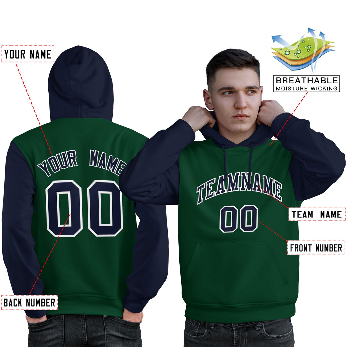Custom Green Navy-White Raglan Sleeves Pullover Personalized Sweatshirt Hoodie| KXKSHOP