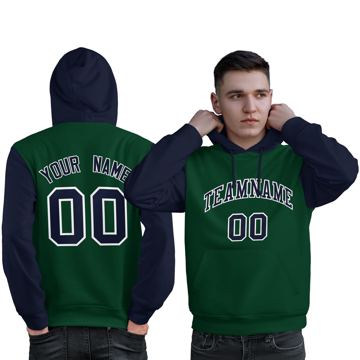 Custom Green Navy-White Raglan Sleeves Pullover Personalized Sweatshirt Hoodie| KXKSHOP