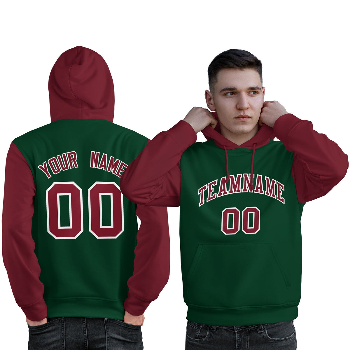 Custom Green Crimson-White Raglan Sleeves Pullover Personalized Sweatshirt Hoodie| KXKSHOP