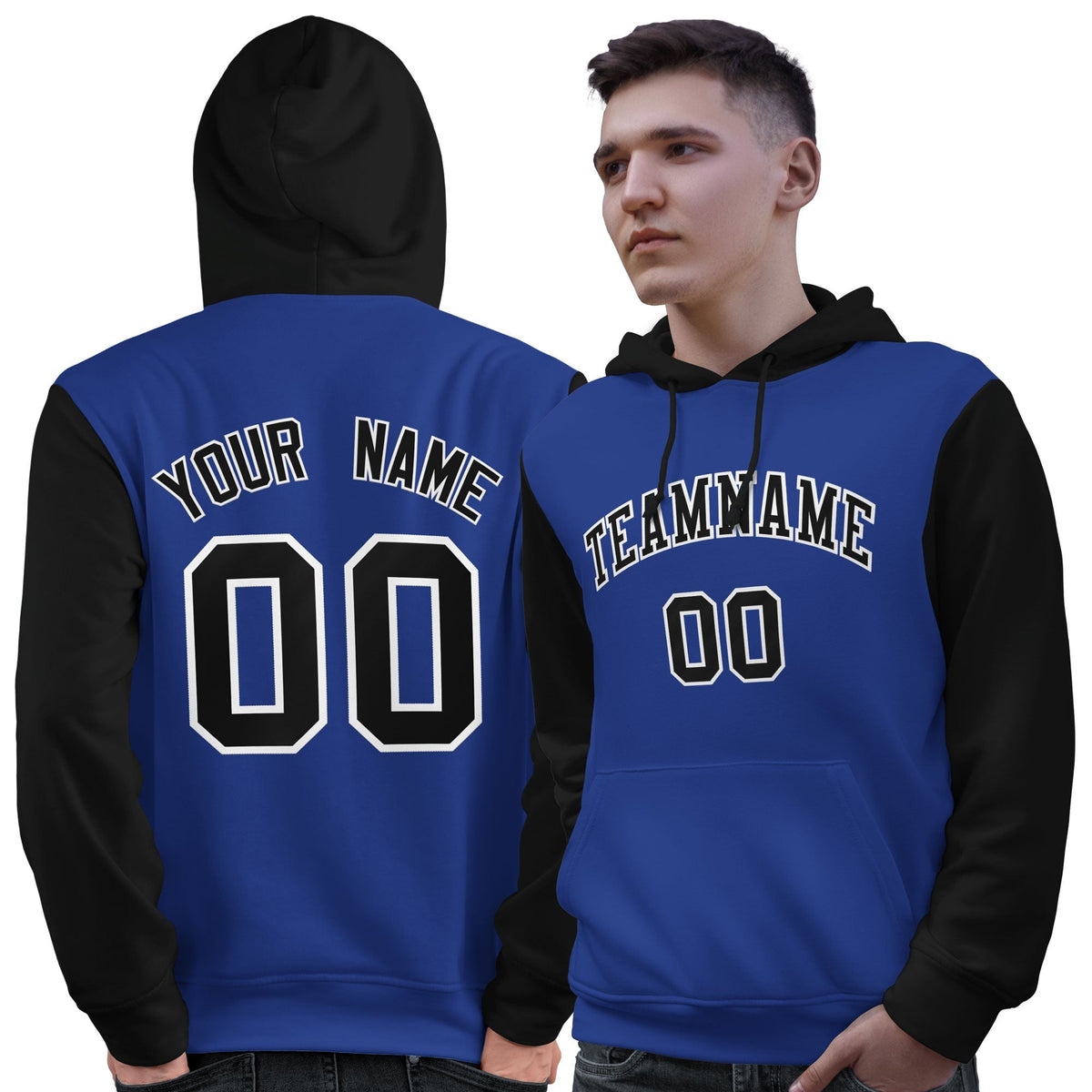 Custom Royal Black-White Raglan Sleeves Pullover Personalized Sweatshirt Hoodie| KXKSHOP