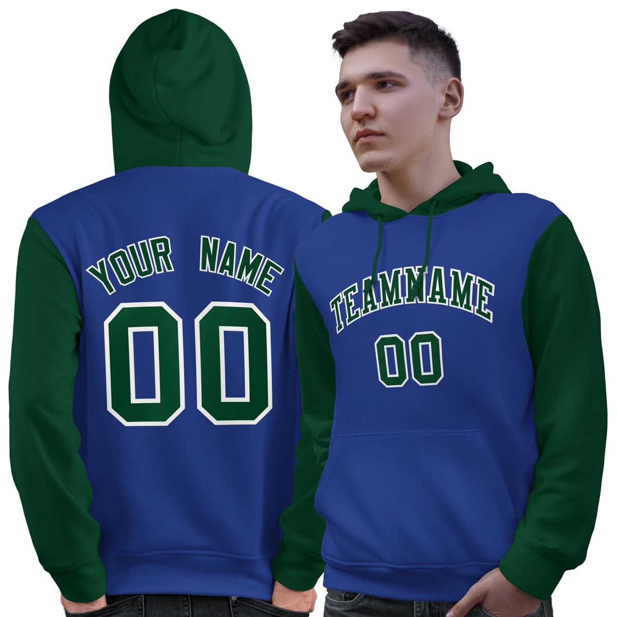 Custom Royal Green-White Raglan Sleeves Pullover Personalized Sweatshirt Hoodie| KXKSHOP
