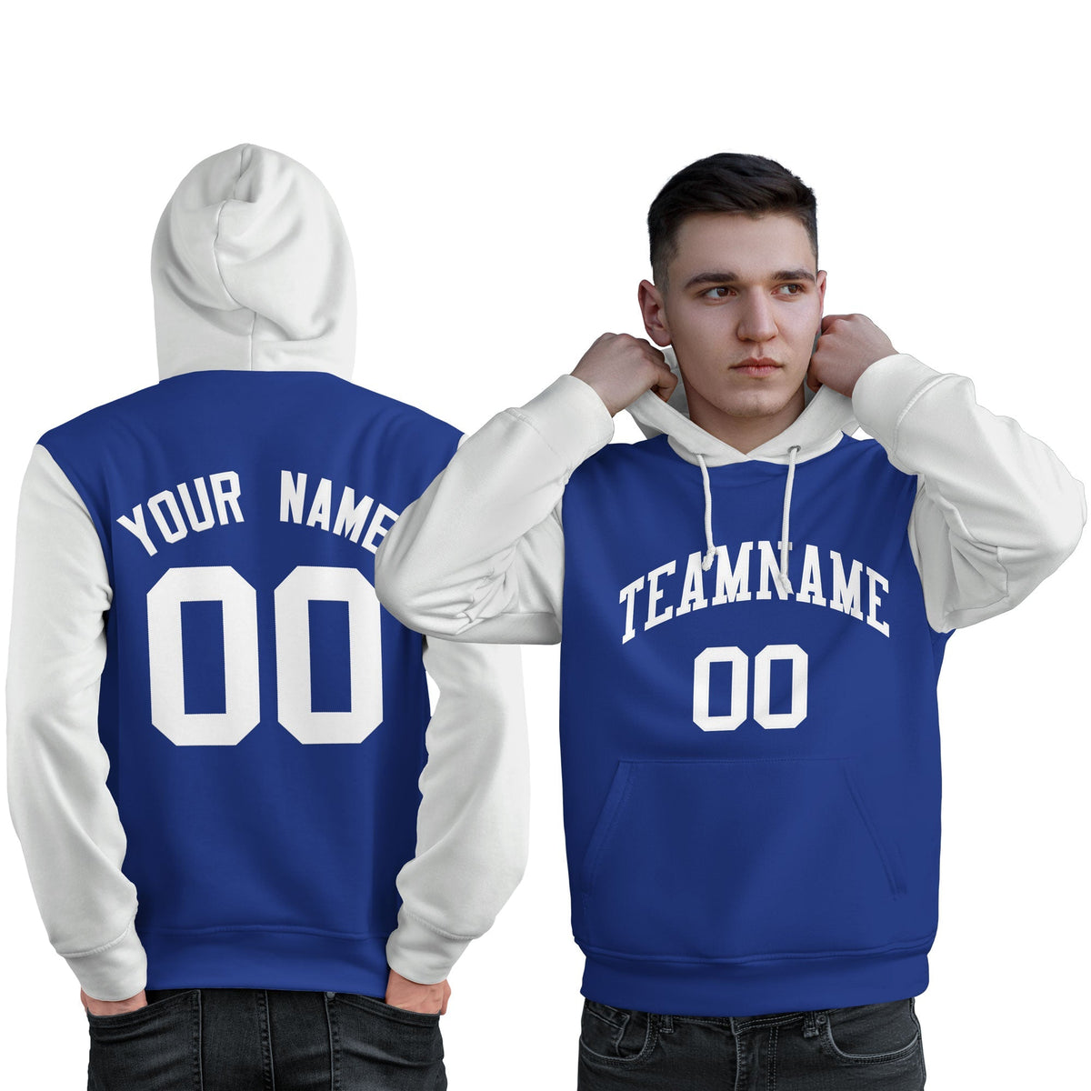 Custom Royal White Raglan Sleeves Pullover Personalized Sweatshirt Hoodie| KXKSHOP