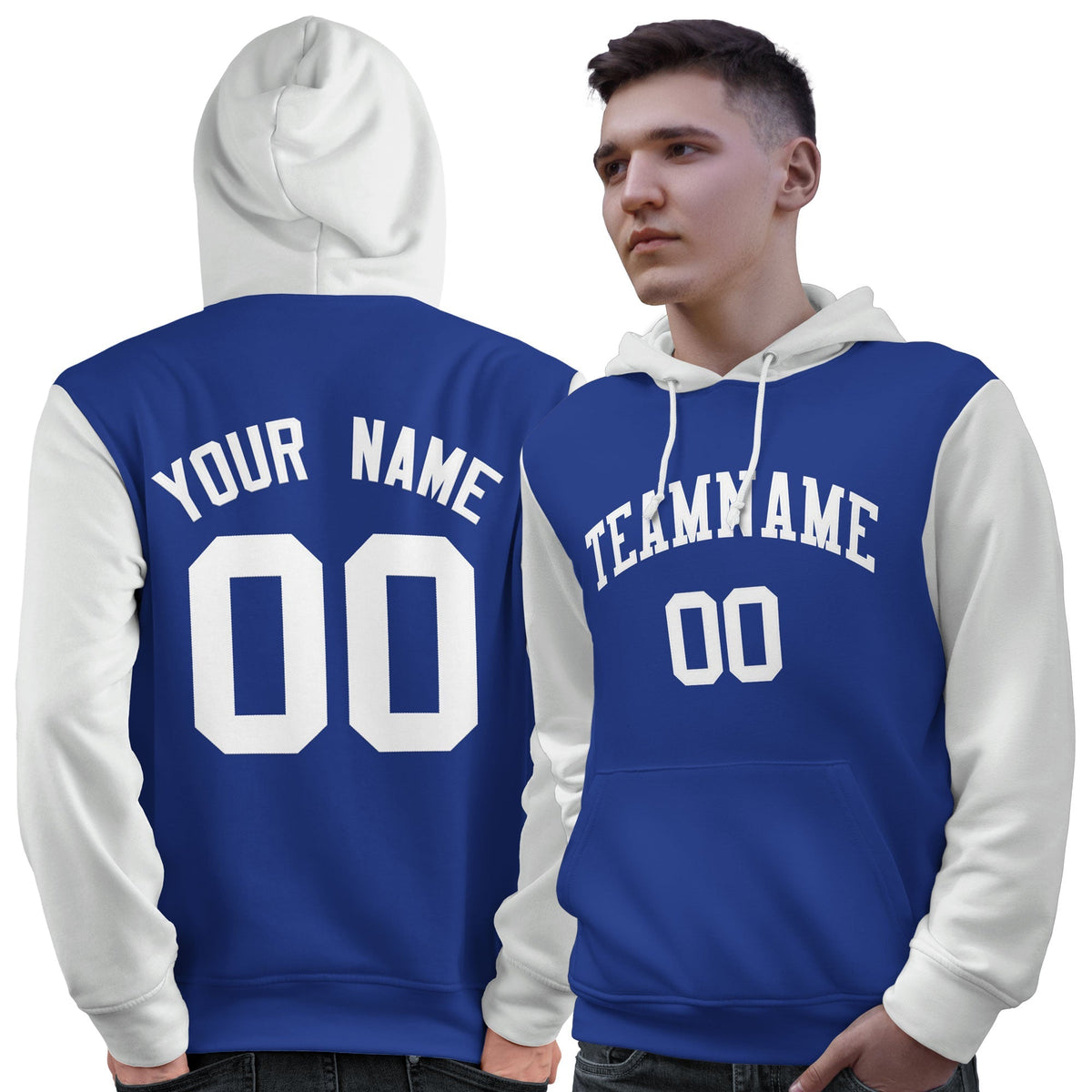 Custom Royal White Raglan Sleeves Pullover Personalized Sweatshirt Hoodie| KXKSHOP