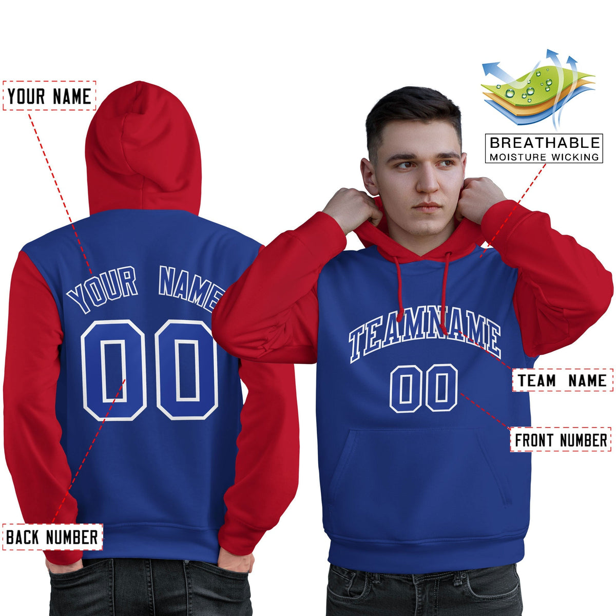 Custom Royal White-Red Raglan Sleeves Pullover Personalized Sweatshirt Hoodie| KXKSHOP