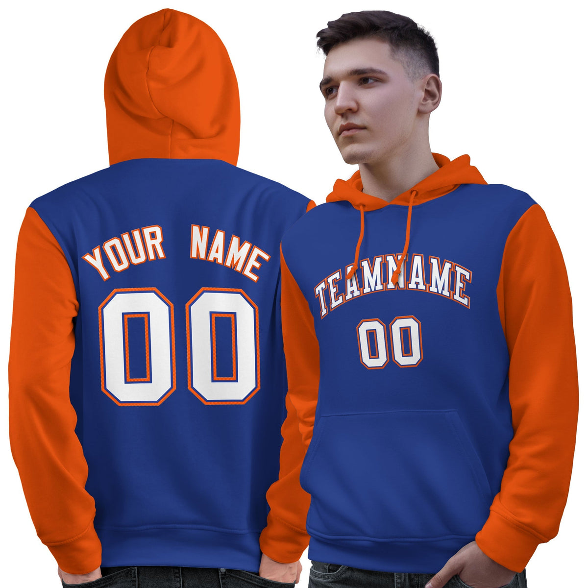 Custom Royal White-Orange Raglan Sleeves Pullover Personalized Sweatshirt Hoodie| KXKSHOP