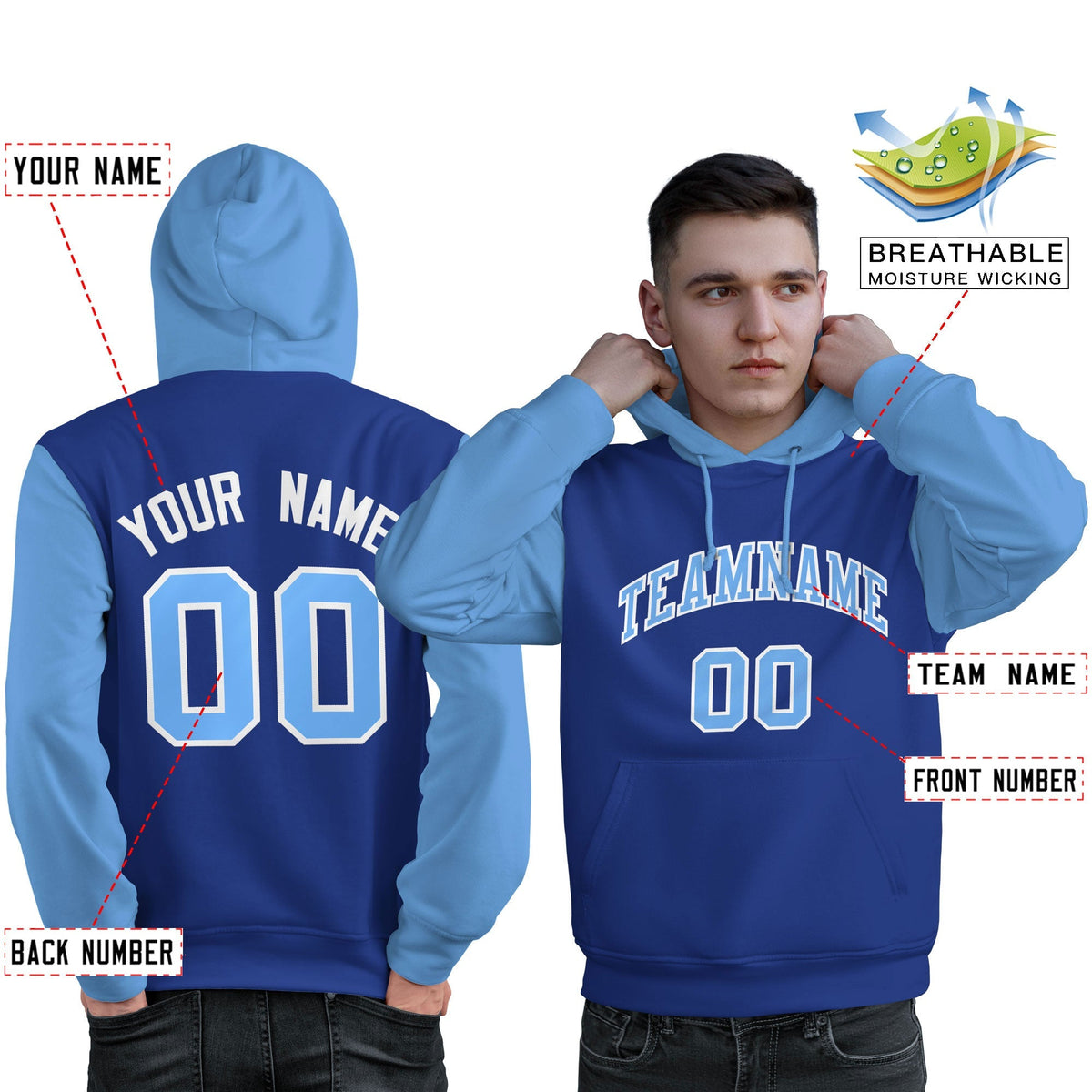 Custom Royal Light Blue-White Raglan Sleeves Pullover Personalized Sweatshirt Hoodie| KXKSHOP