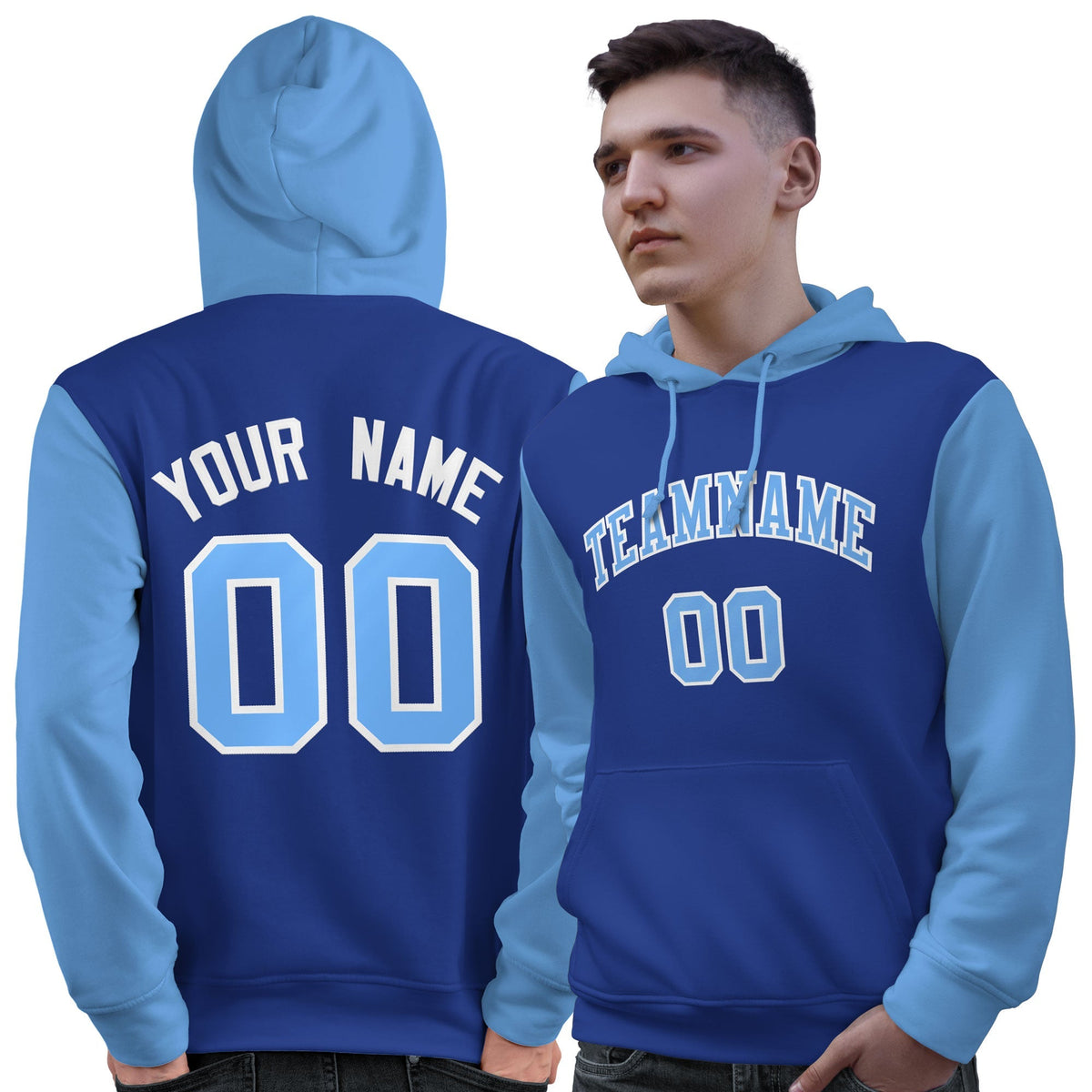 Custom Royal Light Blue-White Raglan Sleeves Pullover Personalized Sweatshirt Hoodie| KXKSHOP