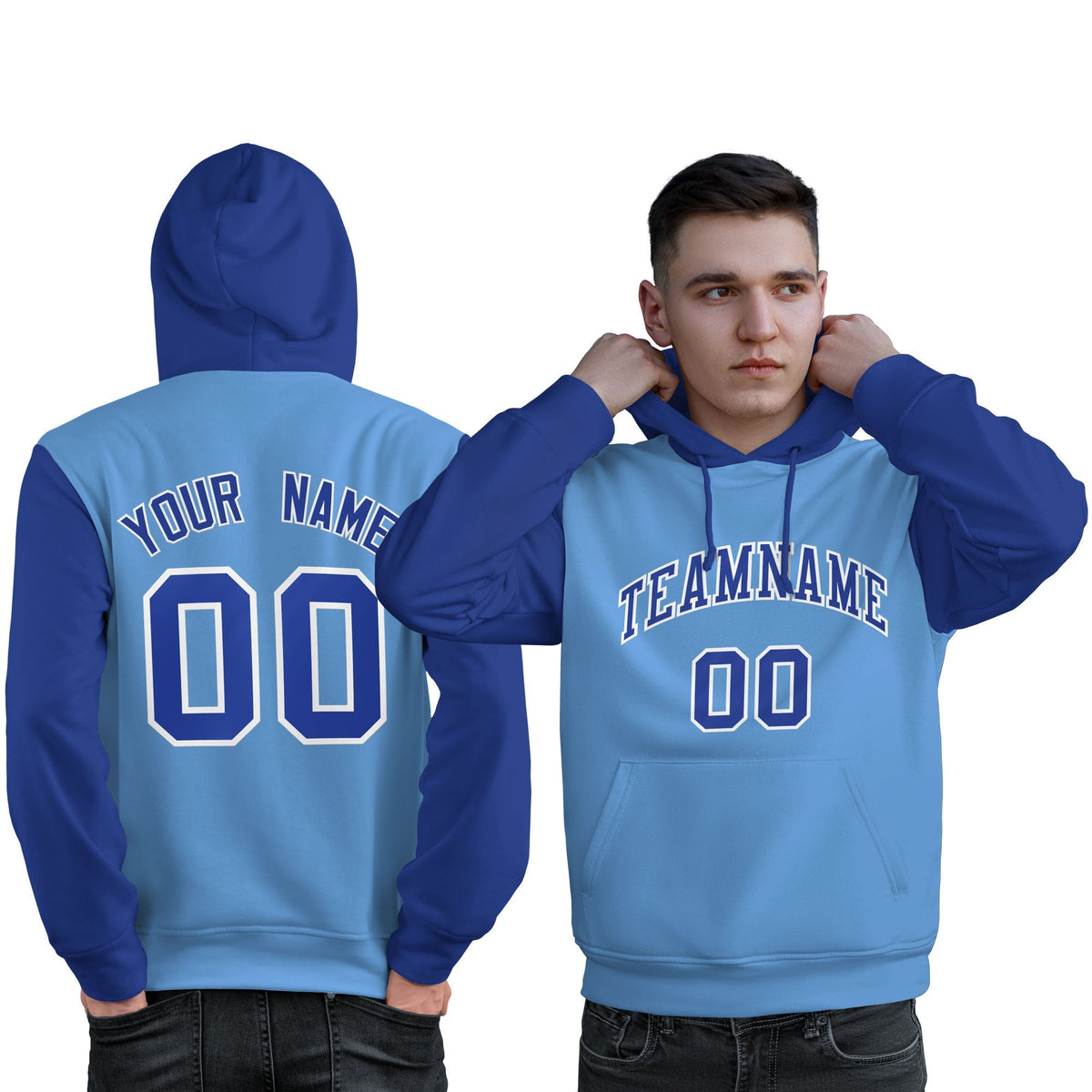 Custom Light Blue Royal-White Raglan Sleeves Pullover Personalized Sweatshirt Hoodie| KXKSHOP