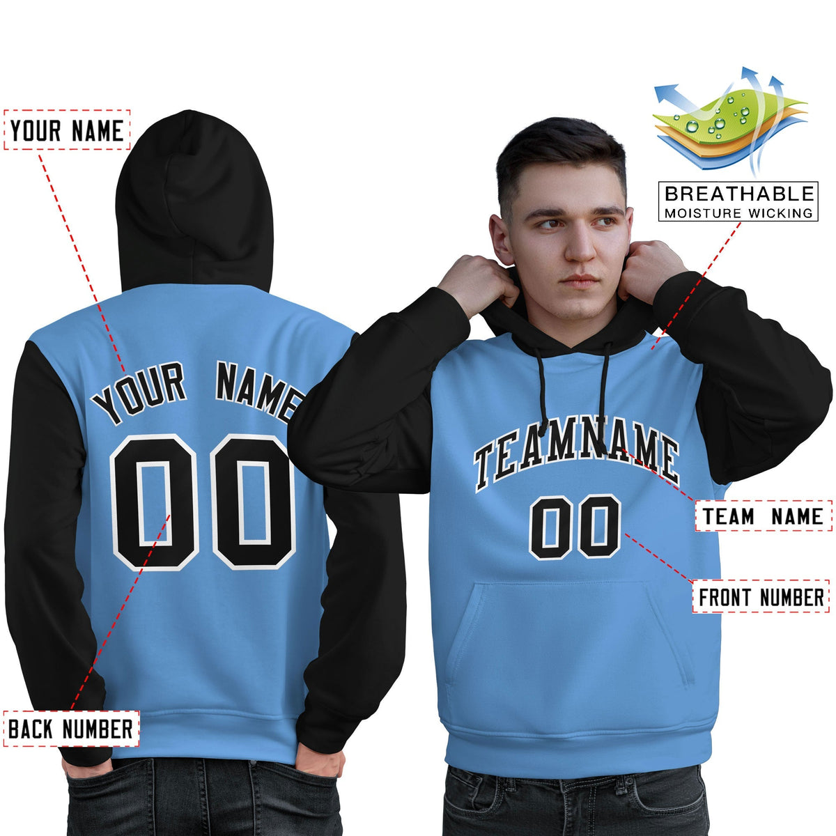 Custom Light Blue Black-White Raglan Sleeves Pullover Personalized Sweatshirt Hoodie| KXKSHOP