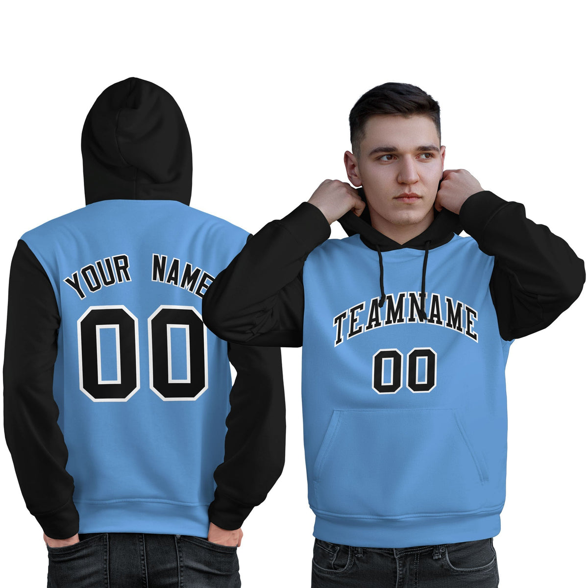 Custom Light Blue Black-White Raglan Sleeves Pullover Personalized Sweatshirt Hoodie| KXKSHOP