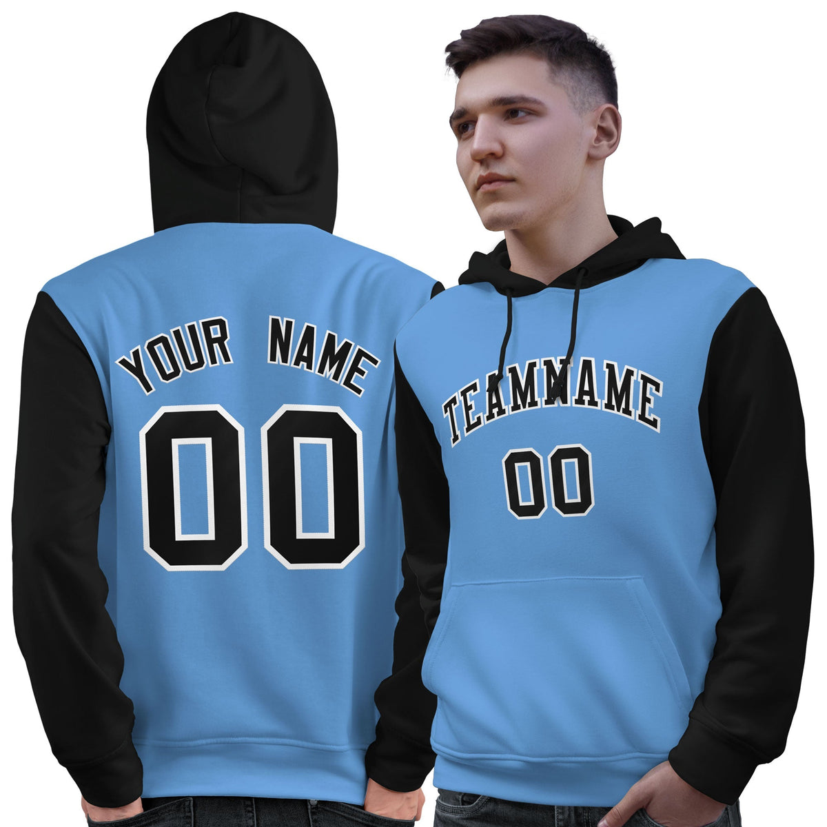 Custom Light Blue Black-White Raglan Sleeves Pullover Personalized Sweatshirt Hoodie| KXKSHOP