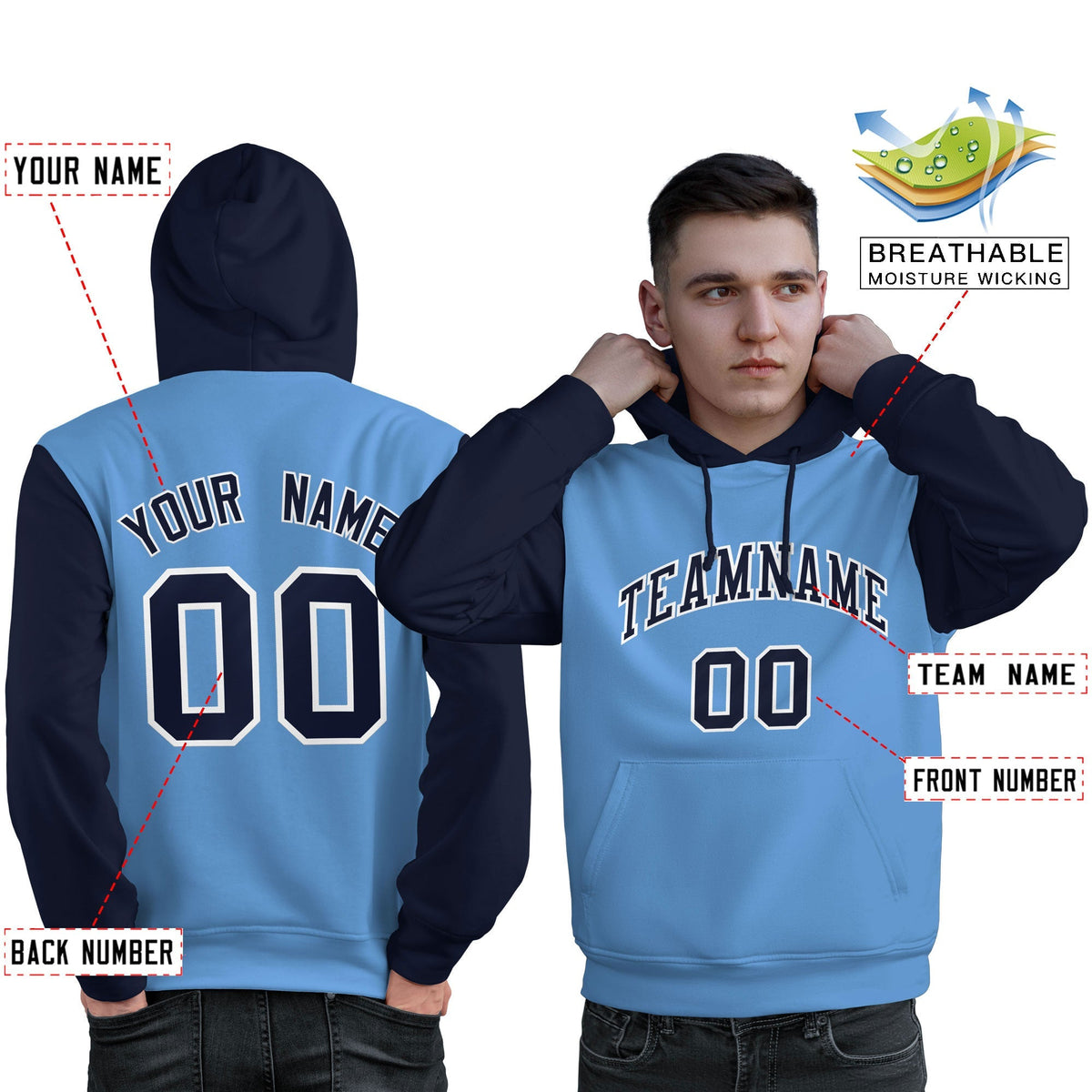 Custom Light Blue Navy-White Raglan Sleeves Pullover Personalized Sweatshirt Hoodie| KXKSHOP