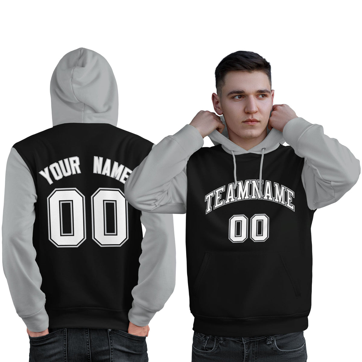 Custom Black White-Gray Raglan Sleeves Pullover Personalized Sweatshirt Hoodie| KXKSHOP