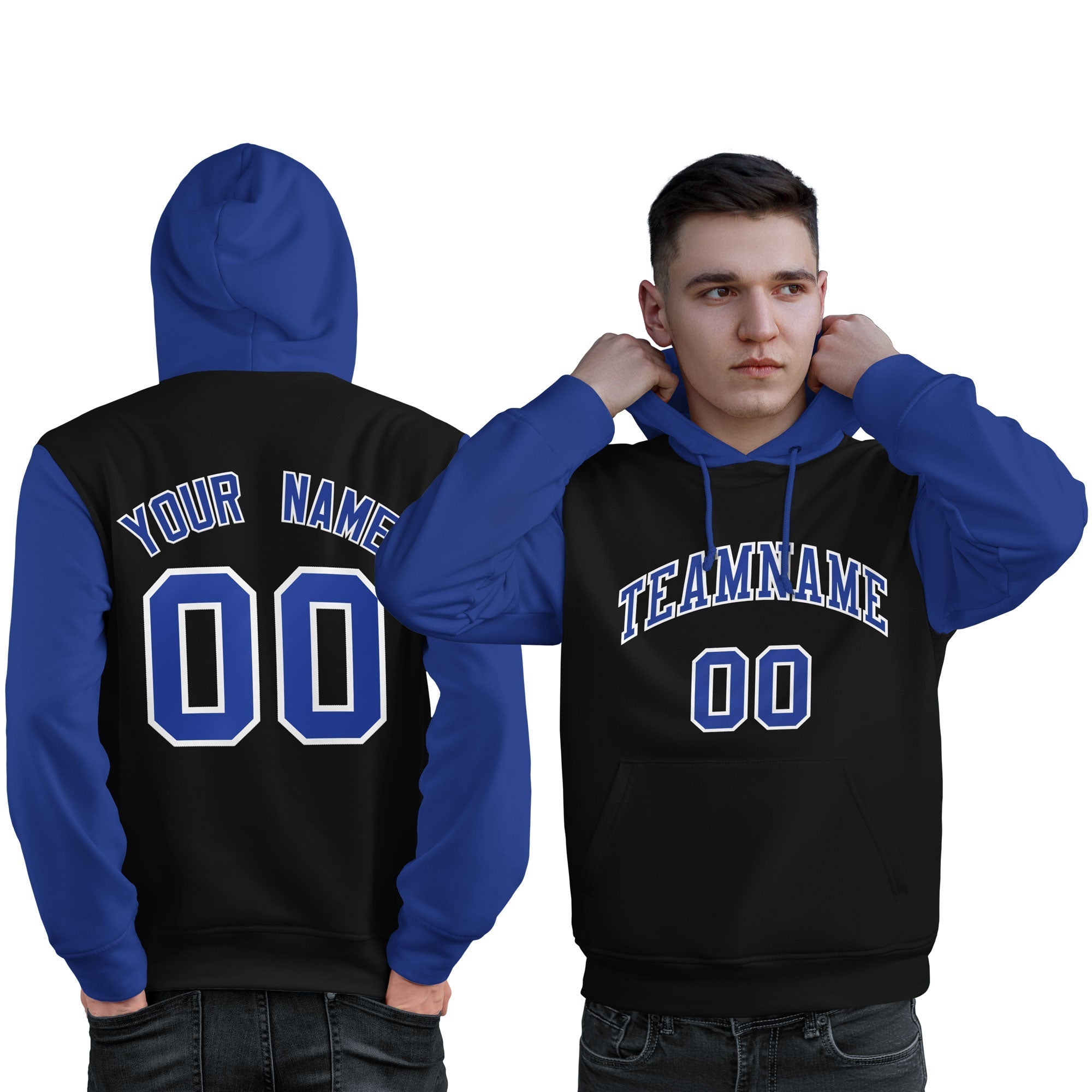 Custom Black Royal-White Raglan Sleeves Pullover Personalized Sweatshirt Hoodie| KXKSHOP