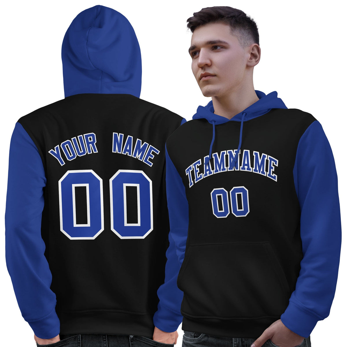 Custom Black Royal-White Raglan Sleeves Pullover Personalized Sweatshirt Hoodie| KXKSHOP