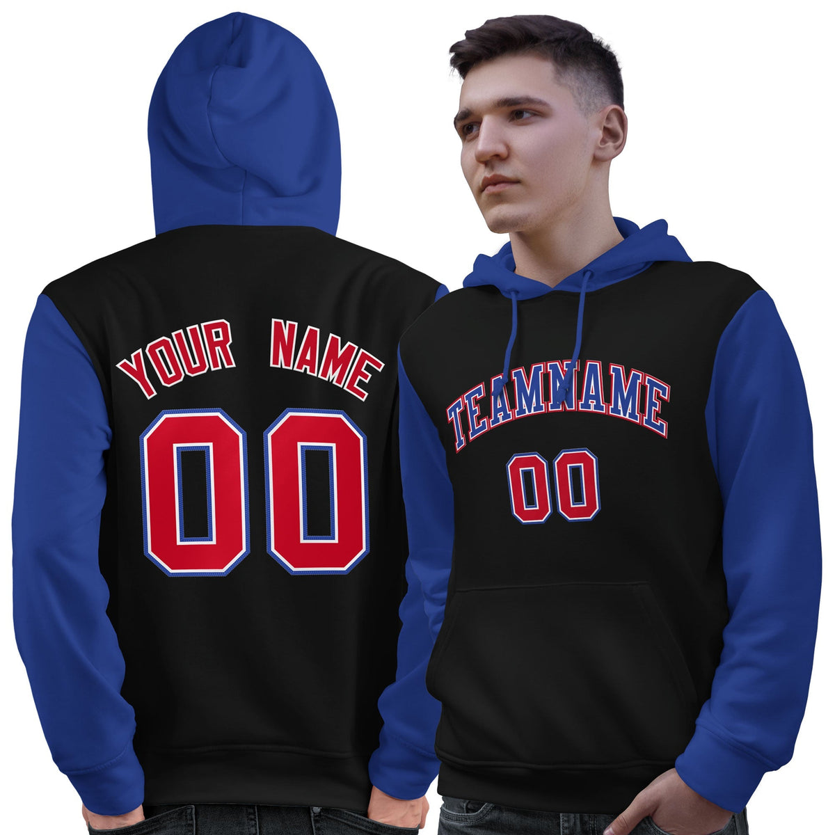 Custom Black Royal-Red Raglan Sleeves Pullover Personalized Sweatshirt Hoodie| KXKSHOP