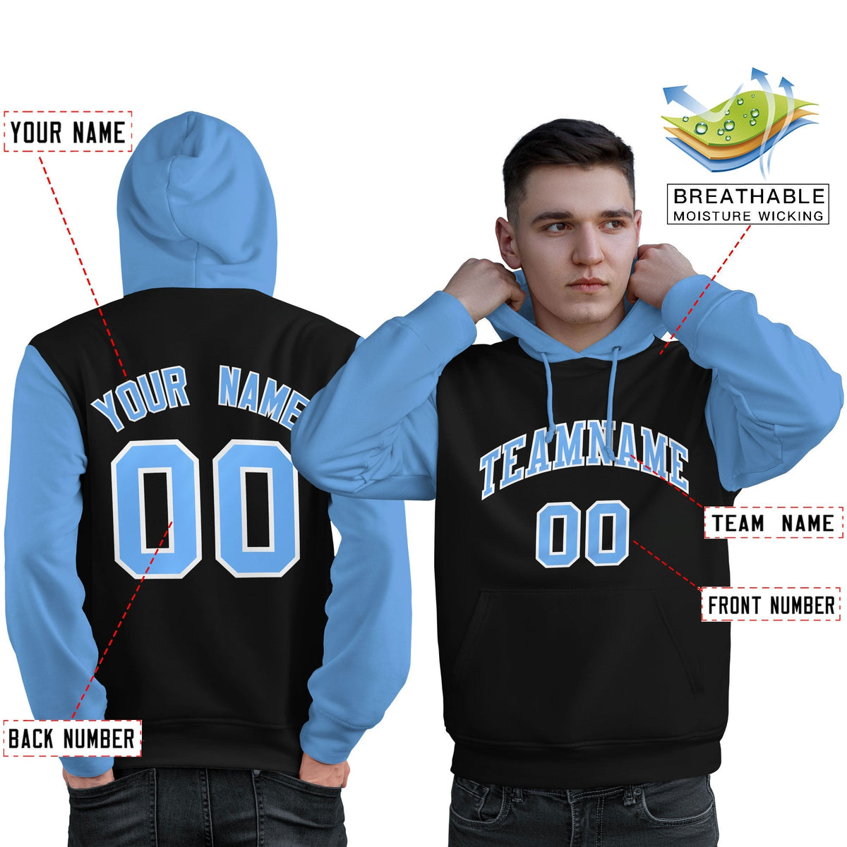 Custom Black Light Blue-White Raglan Sleeves Pullover Personalized Sweatshirt Hoodie| KXKSHOP