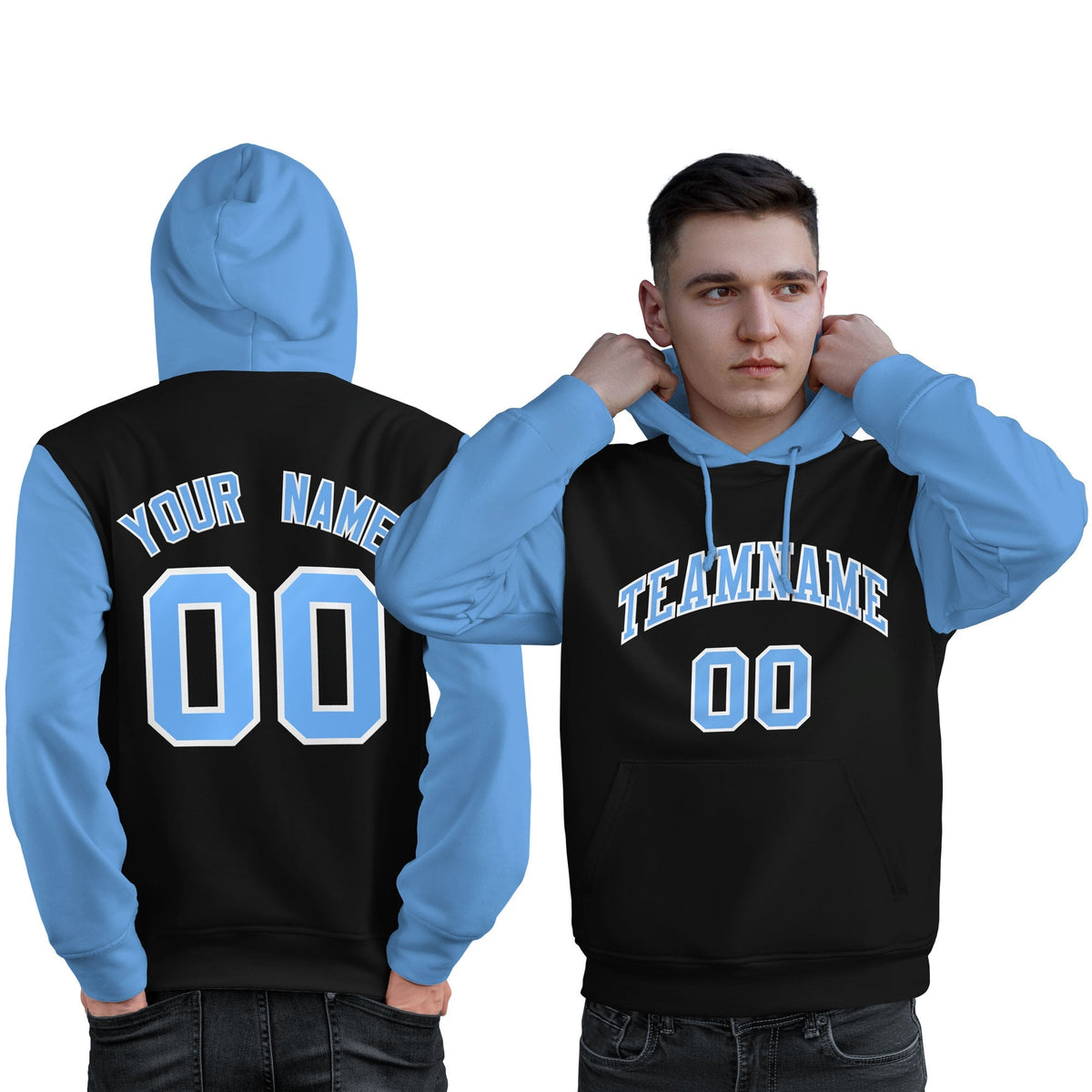 Custom Black Light Blue-White Raglan Sleeves Pullover Personalized Sweatshirt Hoodie| KXKSHOP