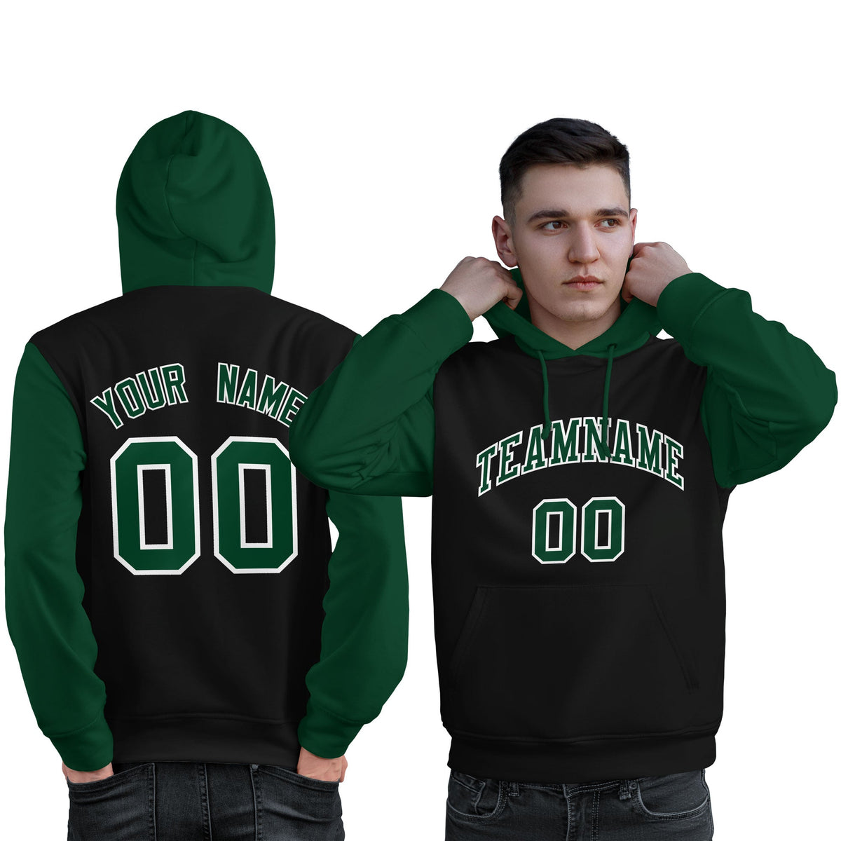 Custom Black Green-White Raglan Sleeves Pullover Personalized Sweatshirt Hoodie| KXKSHOP