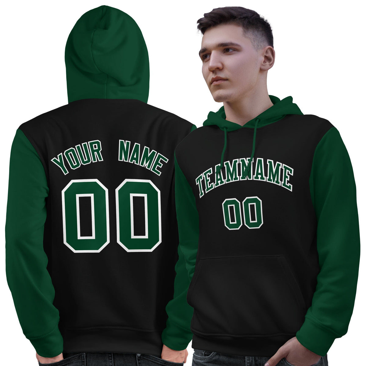 Custom Black Green-White Raglan Sleeves Pullover Personalized Sweatshirt Hoodie| KXKSHOP