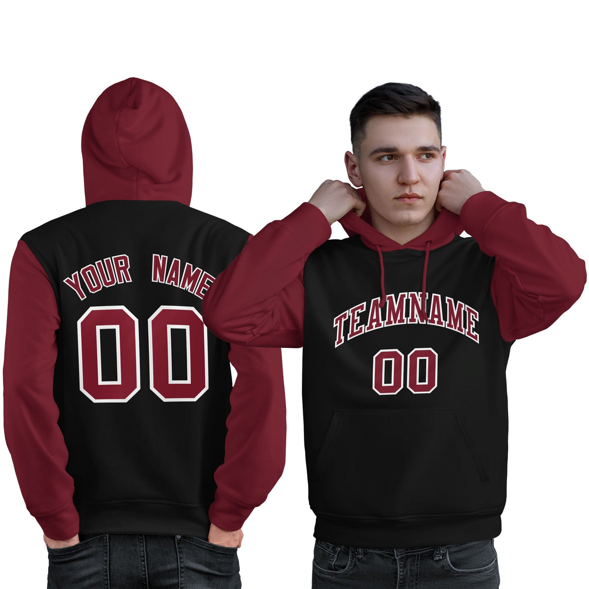 Custom Black Crimson-White Raglan Sleeves Pullover Personalized Sweatshirt Hoodie| KXKSHOP
