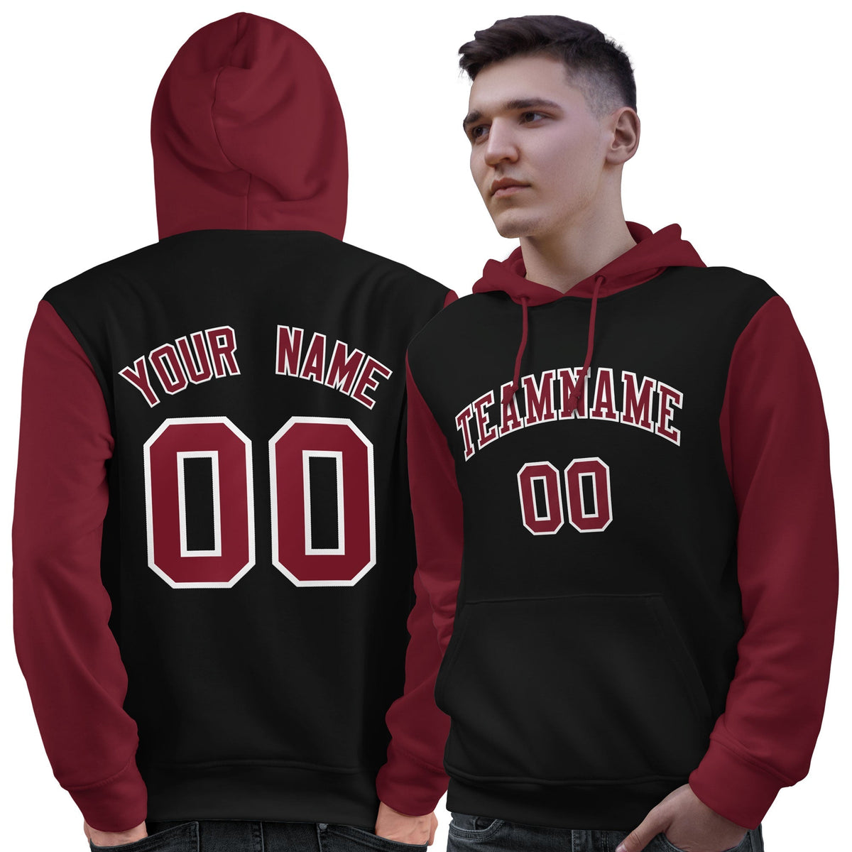 Custom Black Crimson-White Raglan Sleeves Pullover Personalized Sweatshirt Hoodie| KXKSHOP