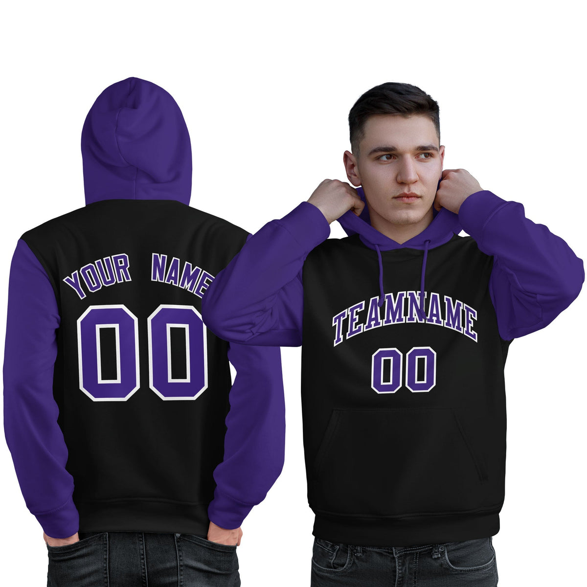 Custom Black Purple-White Raglan Sleeves Pullover Personalized Sweatshirt Hoodie| KXKSHOP